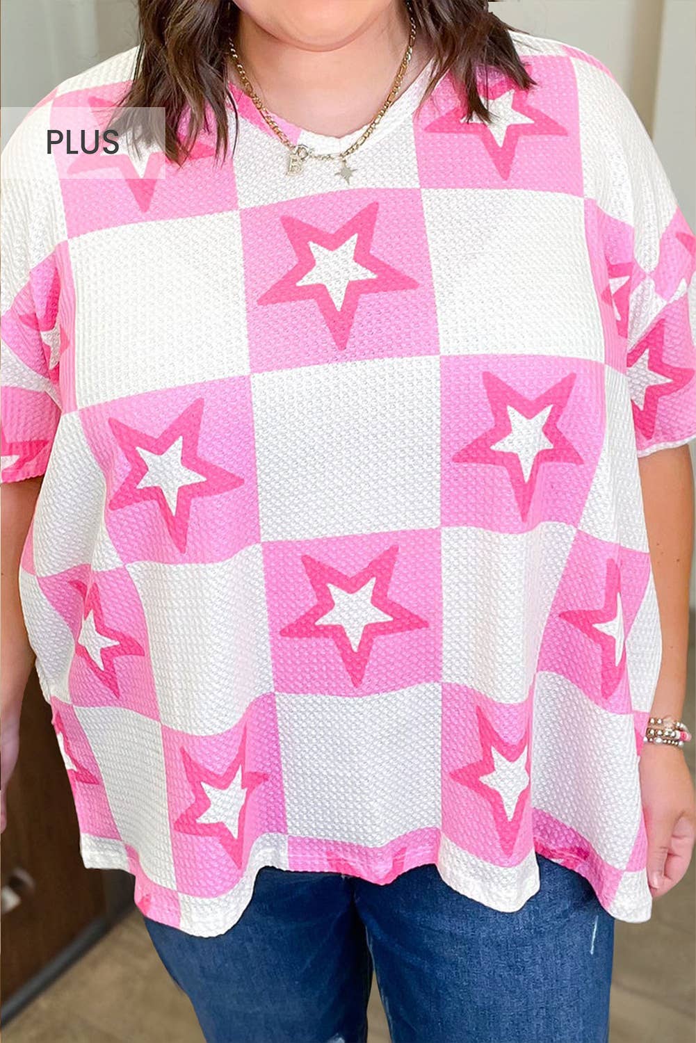 Star Checkered Print Plus Size Breathable Textured Tee Hoodie, Sweatshirt | PodTeesHub.com