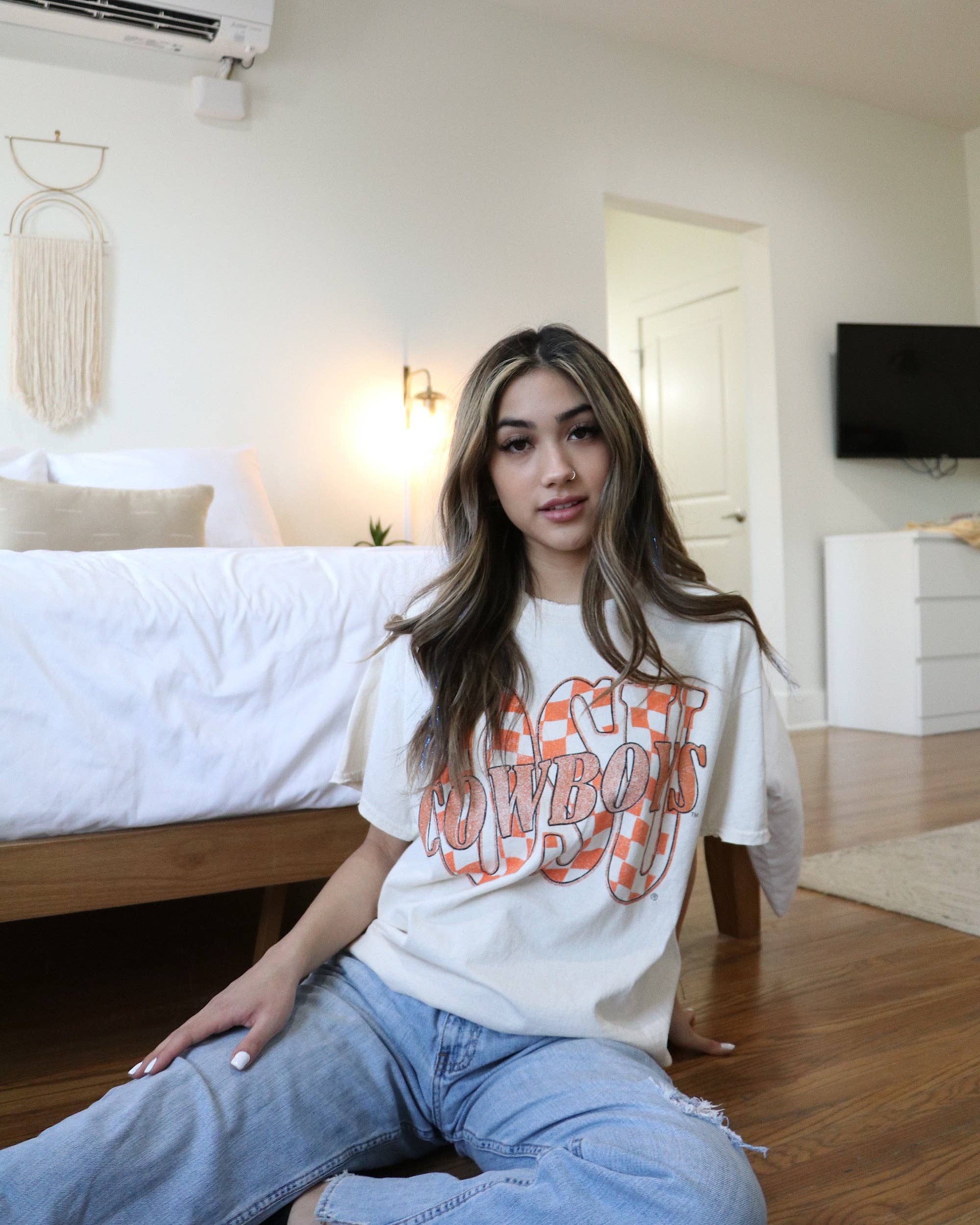 Osu Cowboys Twisted Check Off White Thrifted Tee Hoodie, Sweatshirt | PodTeesHub.com