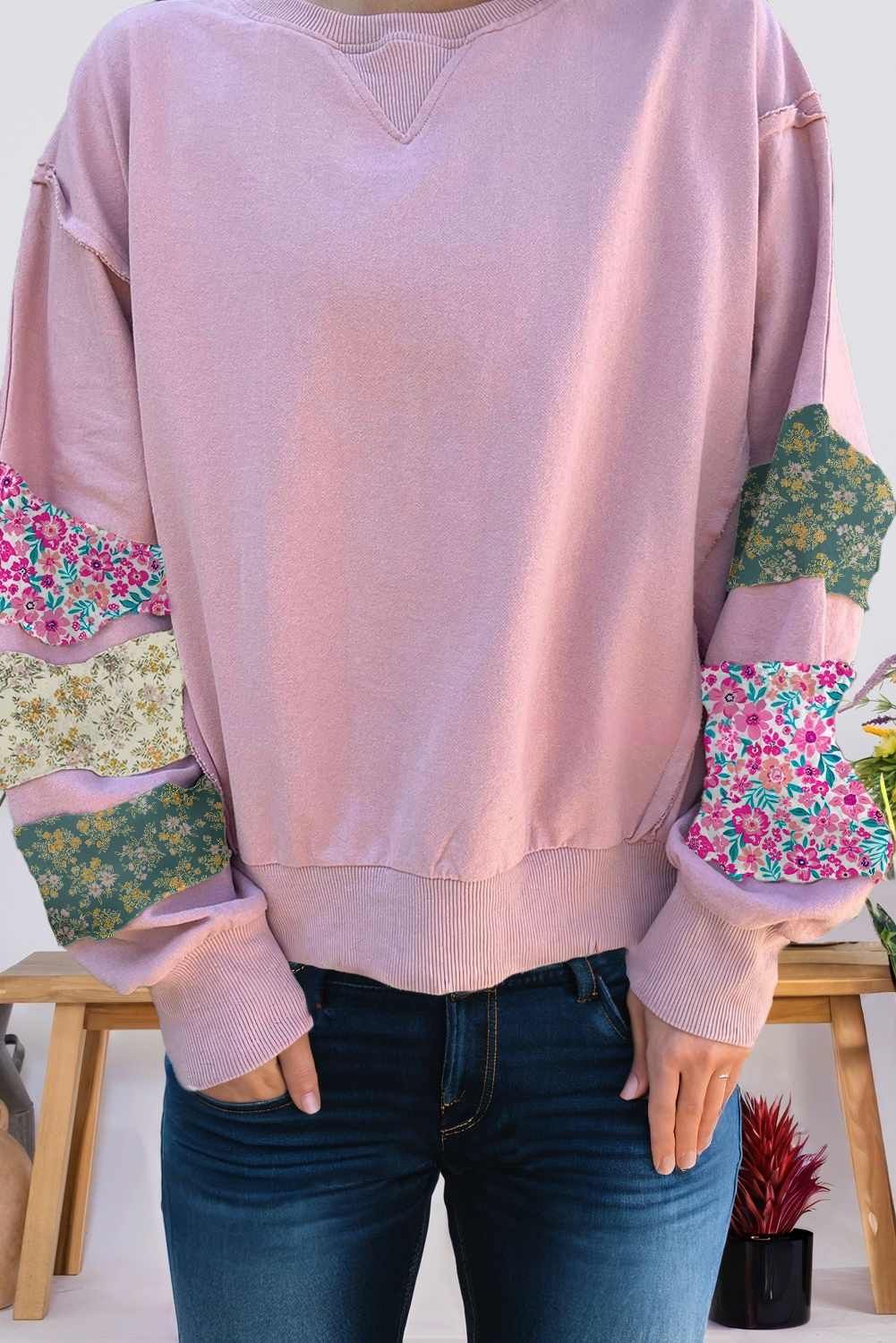 Plus Size Mix Floral Patched Sleeve Ribbed Trim Sweatshirt T-Shirts, Hoodie | PodTeesHub.com