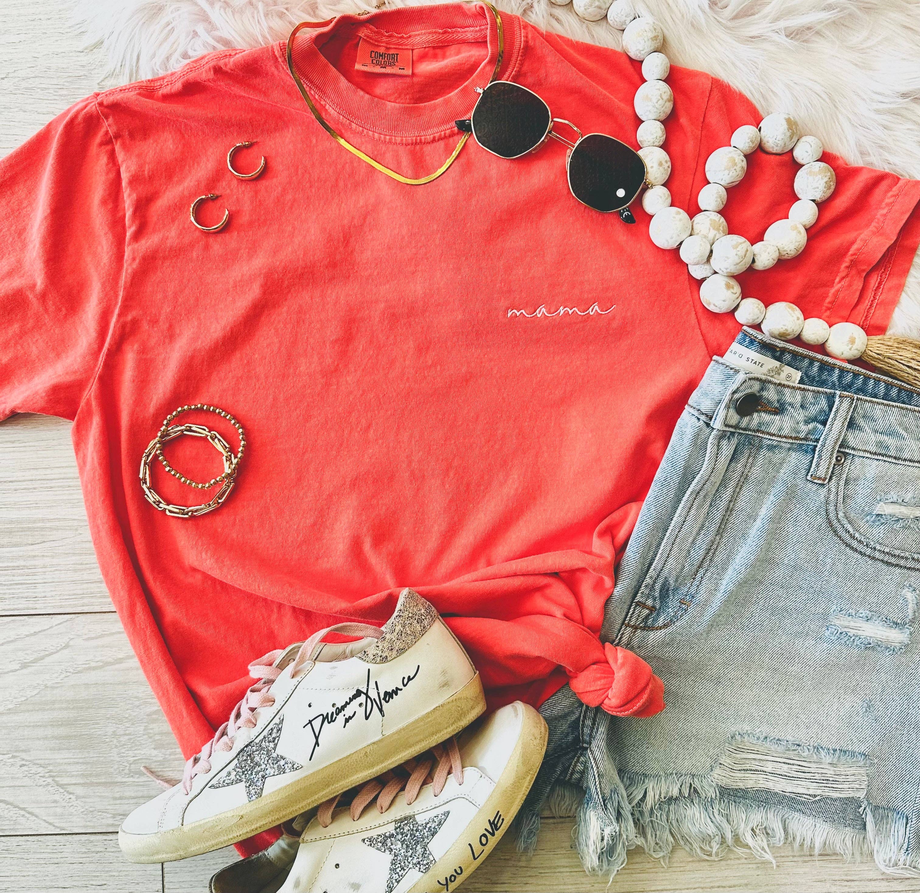 Neon Salmon Dainty Mama Embroidered Tee Hoodie, Sweatshirt | PodTeesHub.com
