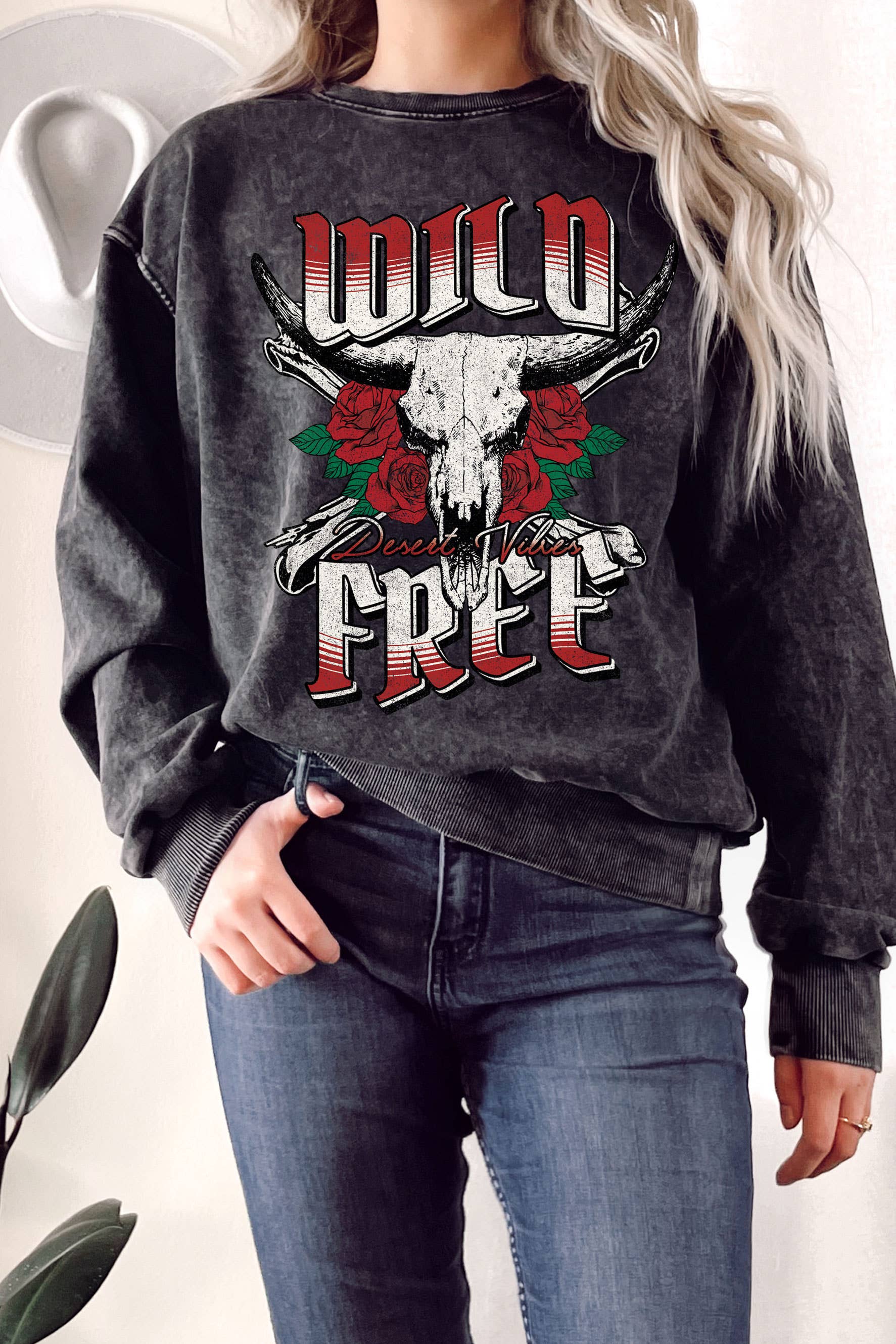 Wild&Free Flower Cow Skull Mineral Graphix Terry Sweatshirt T-Shirts, Hoodie | PodTeesHub.com
