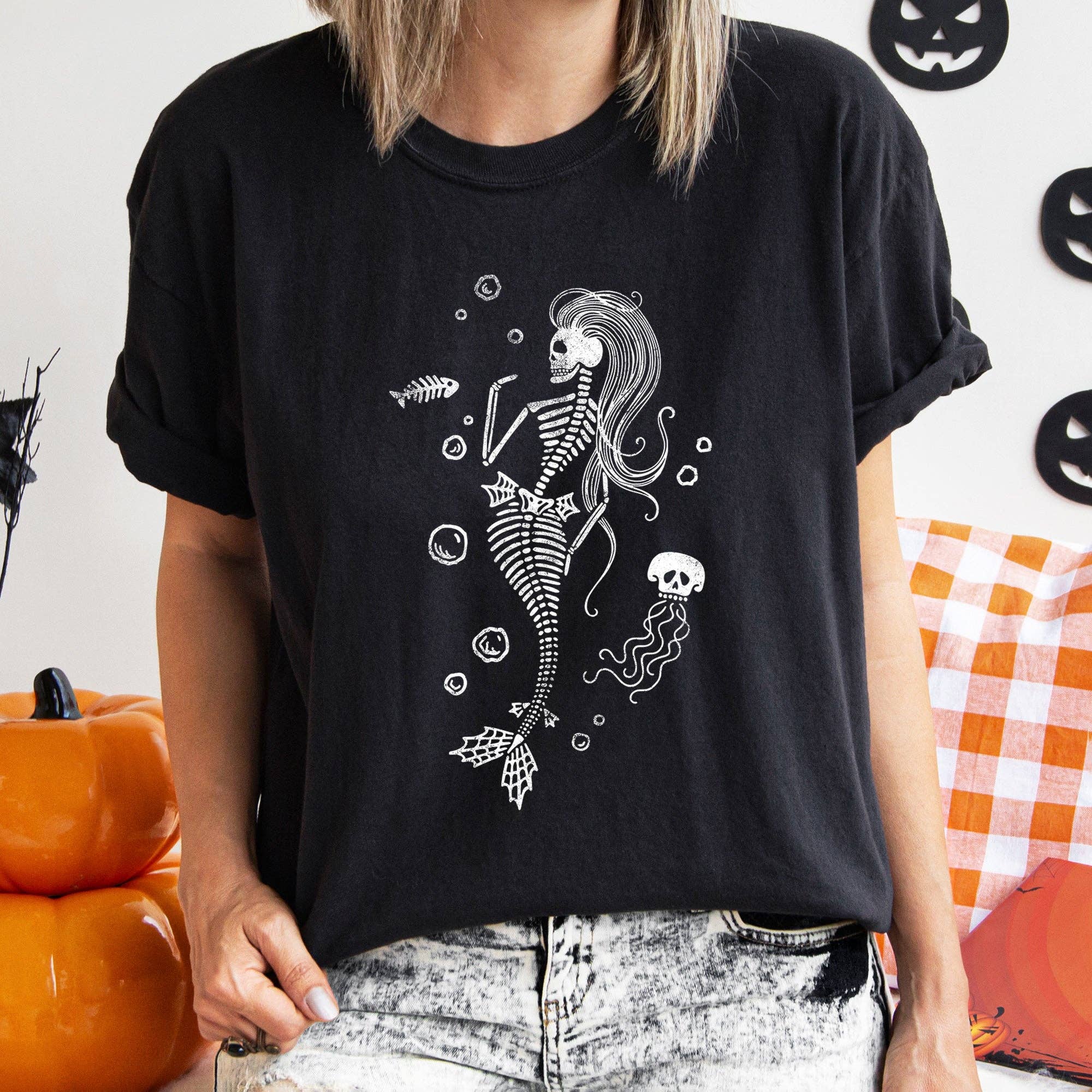 Mermaid Skeleton Jellyfish Halloween T-Shirt White Print Hoodie, Sweatshirt | PodTeesHub.com