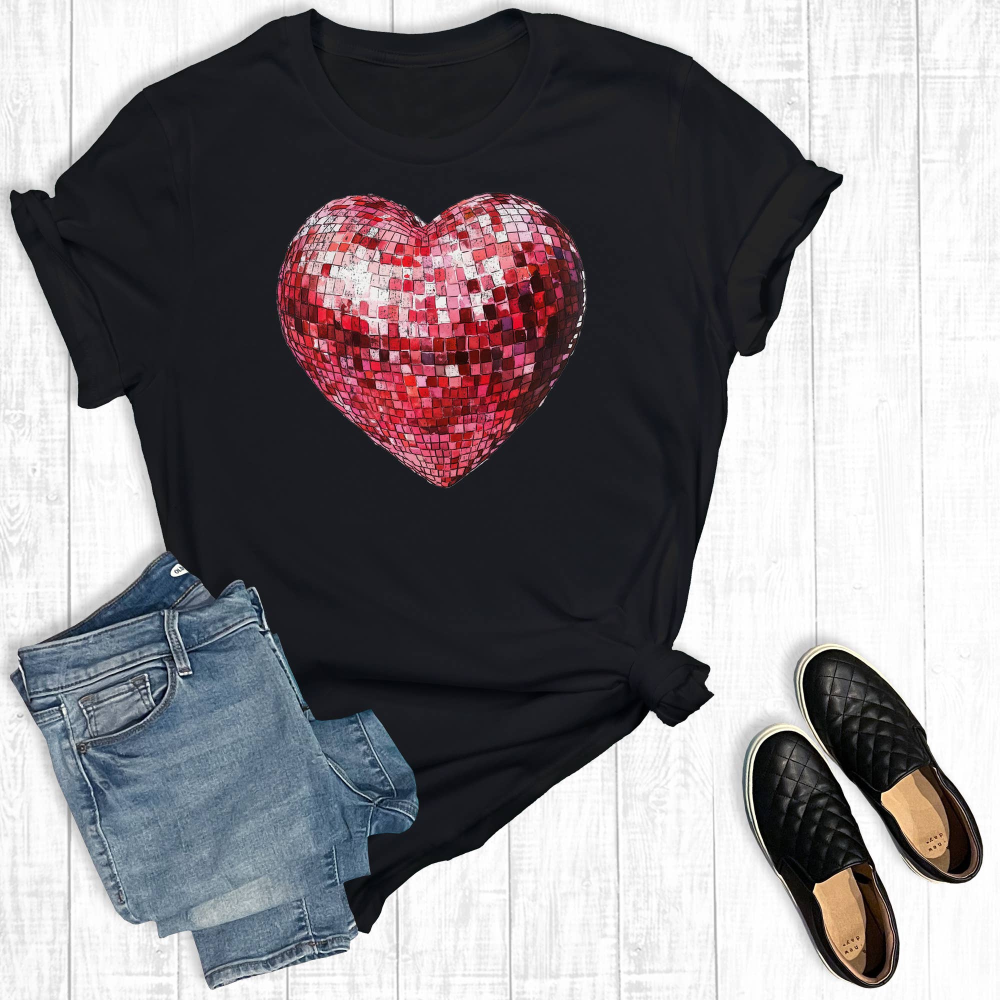 Valentines Disco Ball Heart Graphic Tee Hoodie, Sweatshirt | PodTeesHub.com