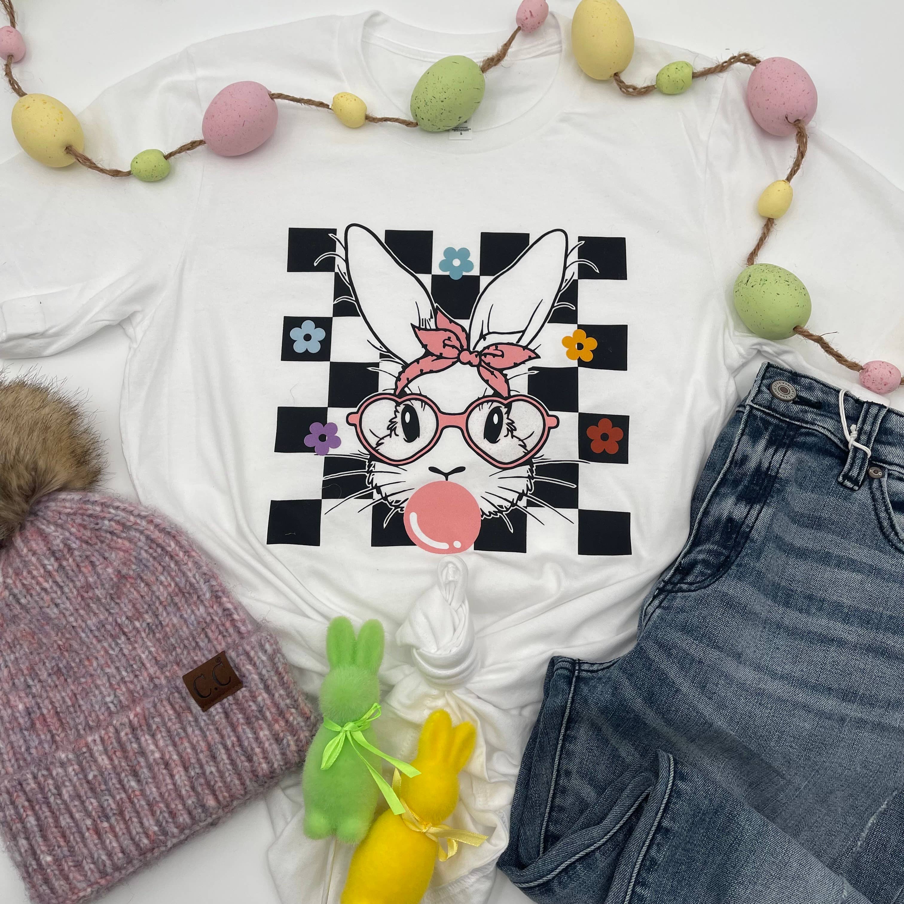 Checkered Bubblegum Bunny Tee Hoodie, Sweatshirt | PodTeesHub.com