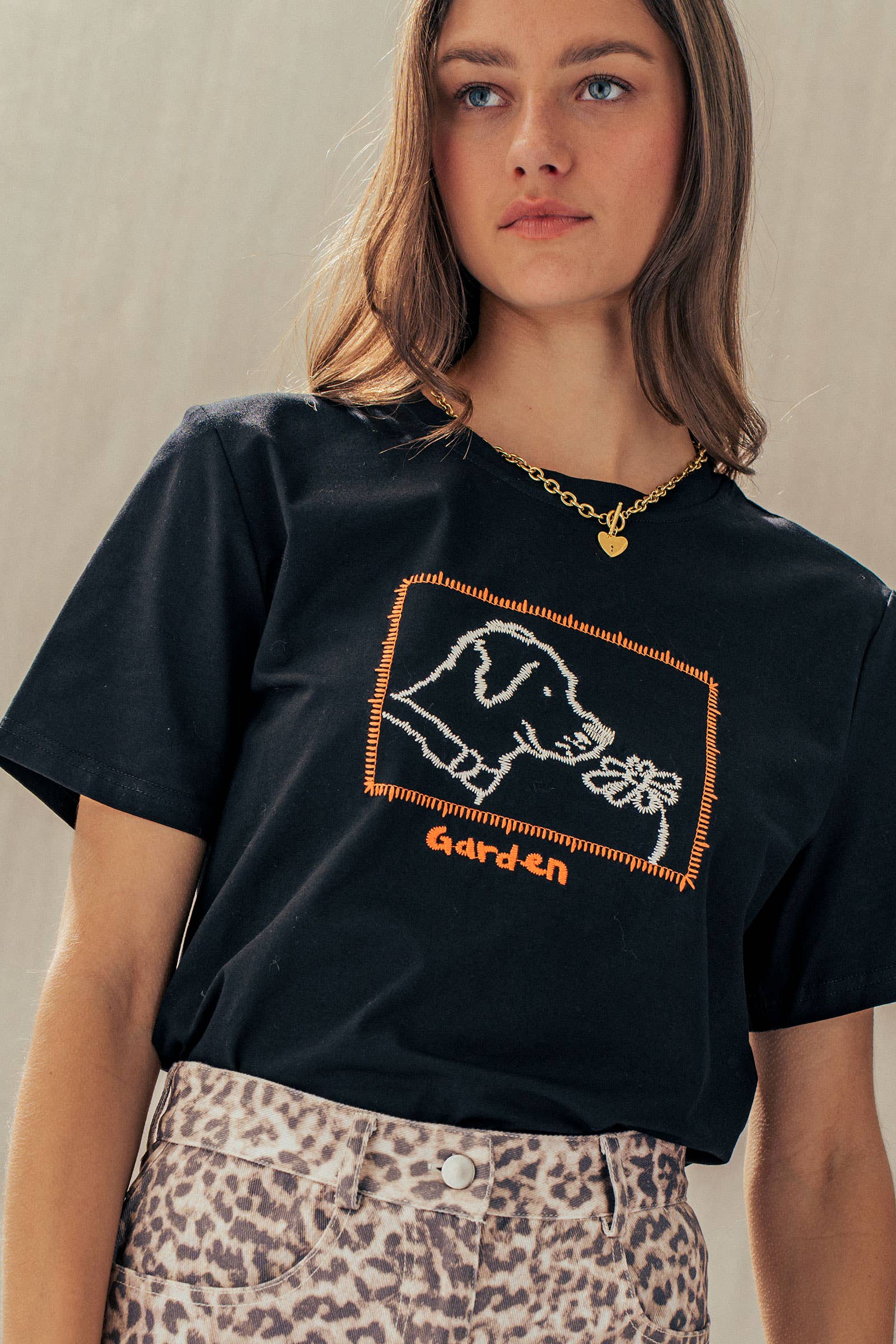 Whimsical Dog & Daisy Embroidered Cotton Tee Hoodie, Sweatshirt | PodTeesHub.com