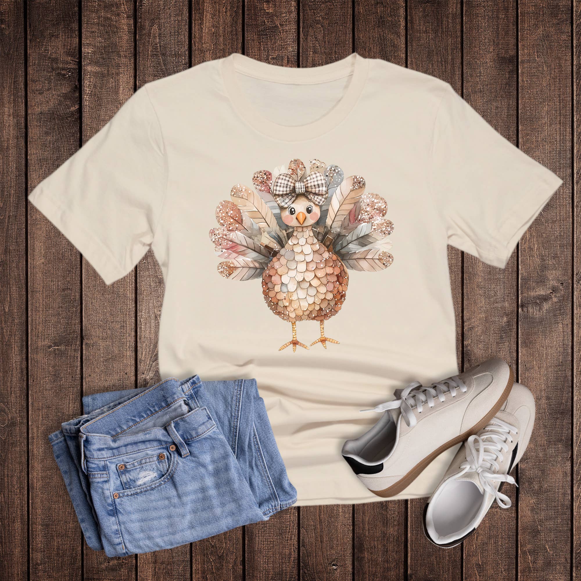 Fall Glitter Bow Turkey Graphic Tee Hoodie, Sweatshirt | PodTeesHub.com