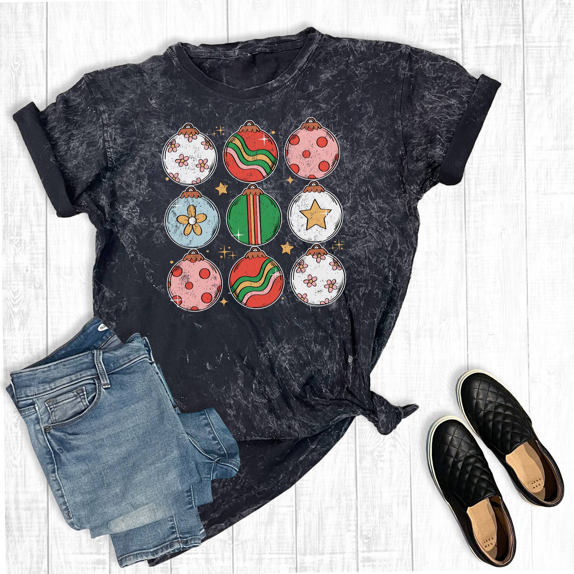 Boho Christmas Ornaments Mineral Wash Graphic Tee Hoodie, Sweatshirt | PodTeesHub.com