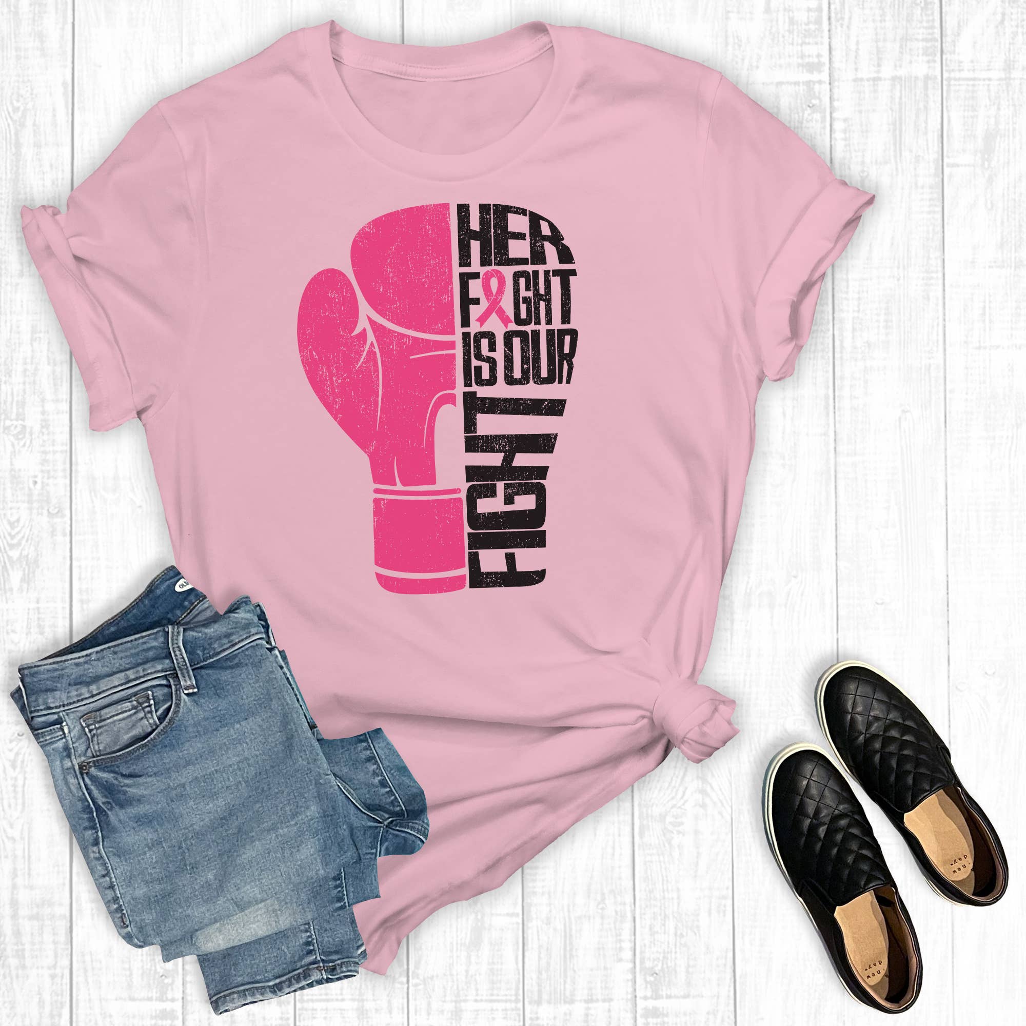Breast Cancer Her Fight Is Our Fight Graphic Tee Hoodie, Sweatshirt | PodTeesHub.com