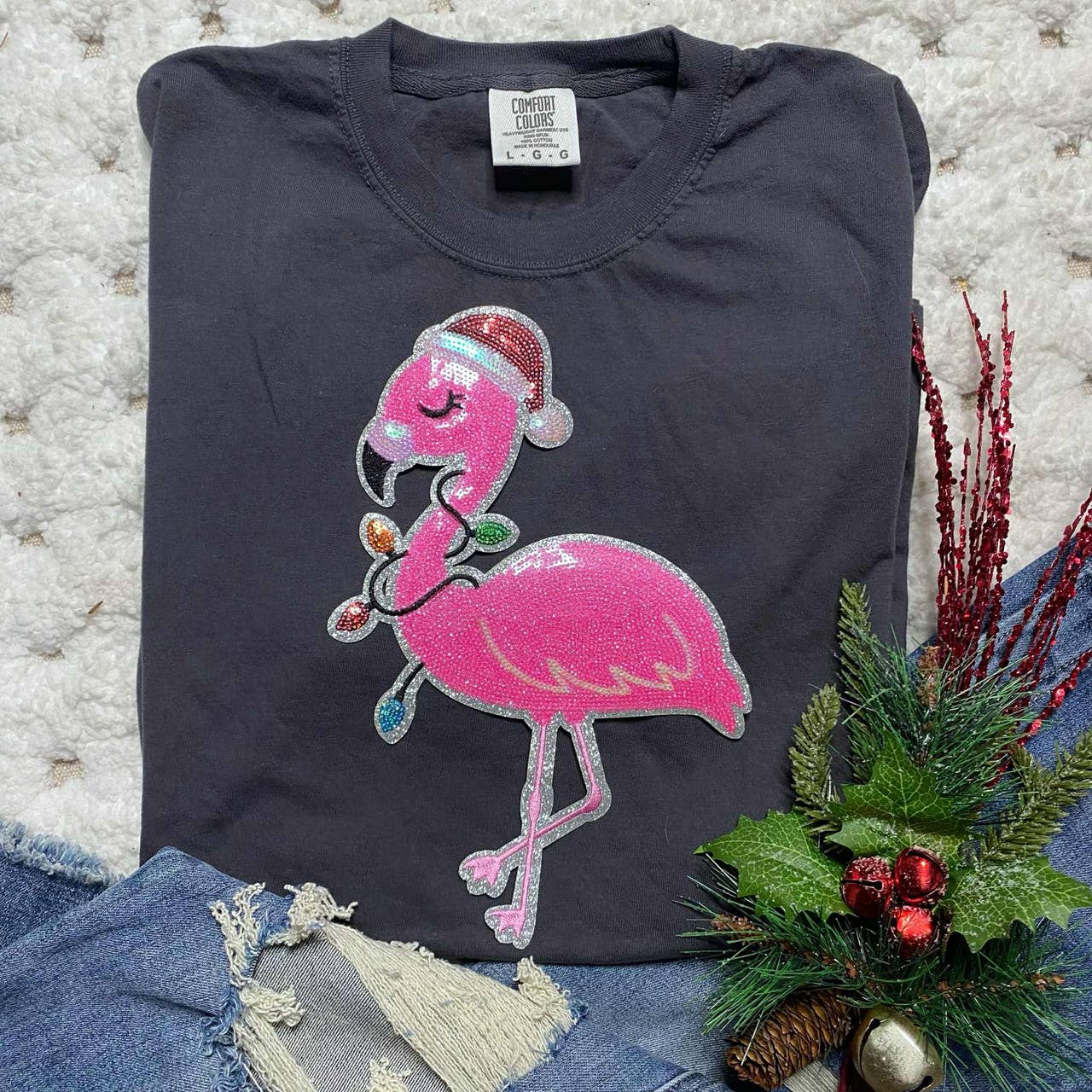 Christmas Flamingo Sequin Tee Hoodie, Sweatshirt | PodTeesHub.com