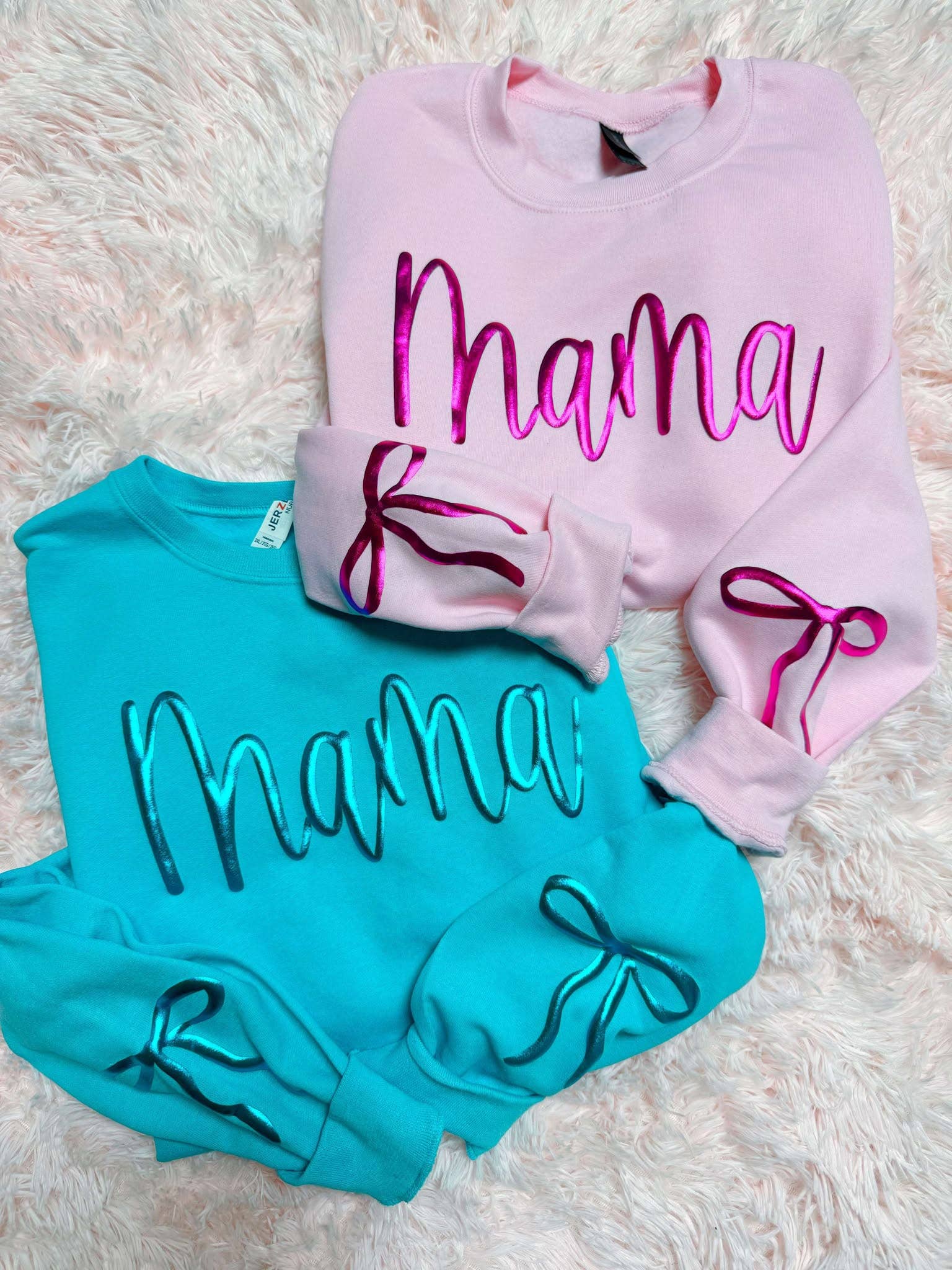 Cursive Mama Metallic Bow Sleeve Puff Sweatshirt T-Shirts, Hoodie | PodTeesHub.com