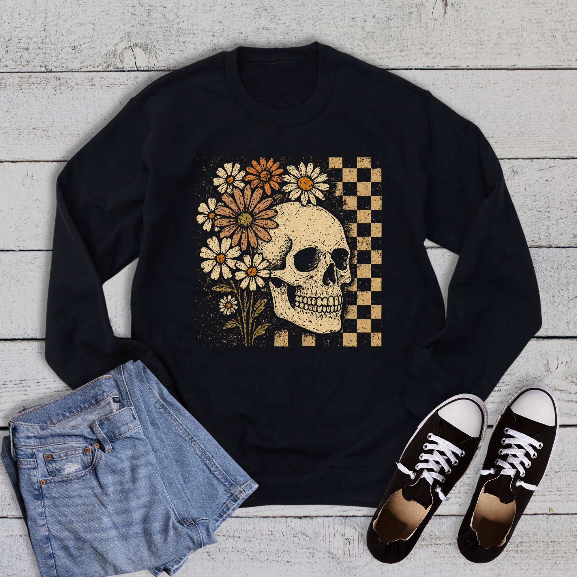 Halloween Checkered Floral Skeleton Sweatshirt T-Shirts, Hoodie | PodTeesHub.com