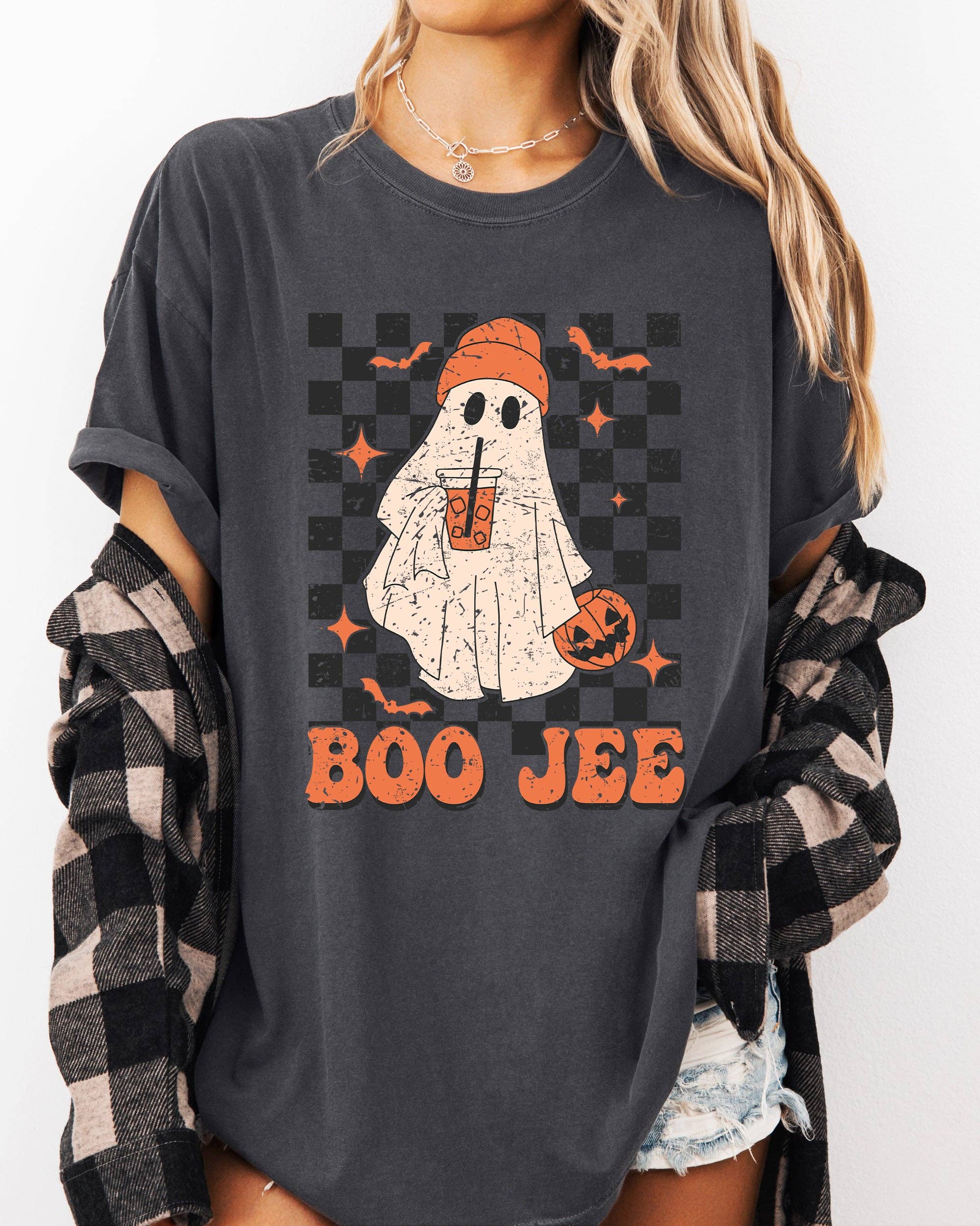 Boo-Jee Ghost, Checkered, Retro Halloween Coffee Drink Shirt Hoodie, Sweatshirt | PodTeesHub.com