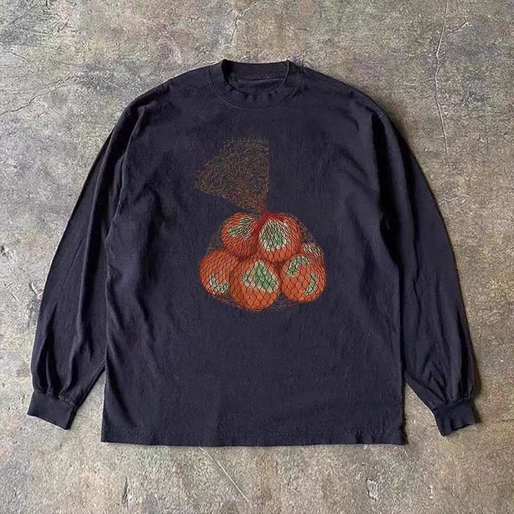 Vintage Black Street Casual Retro Orange Print Long Sleeved T Shirt Hoodie, Sweatshirt | PodTeesHub.com