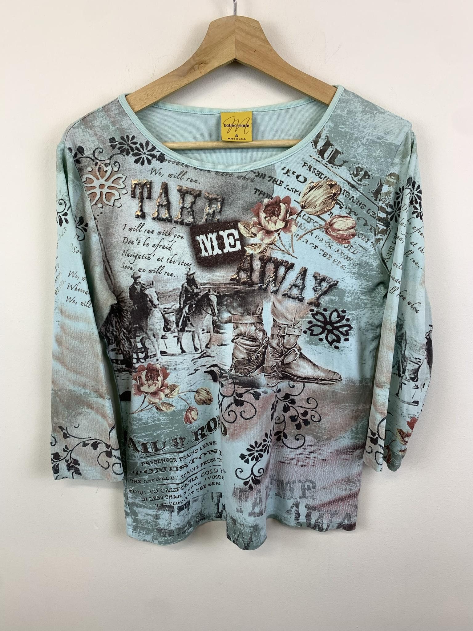 Vintage Take Me Away Gilded Cowboy All Over Print Longsleeve Size S T-Shirts, Hoodie, Sweatshirt | PodTeesHub.com