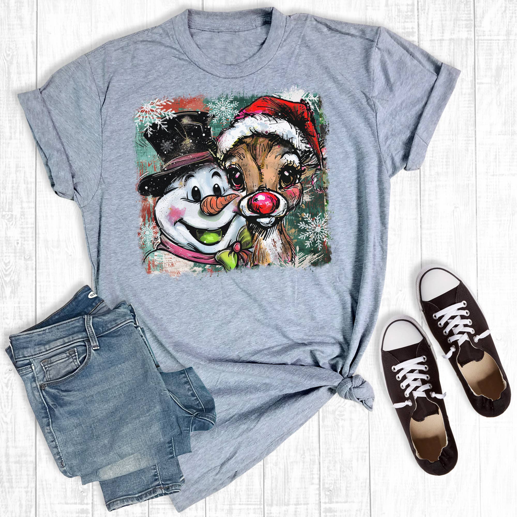 Christmas Frosty the Snowman and Rudolph Graphic Tee Hoodie, Sweatshirt | PodTeesHub.com