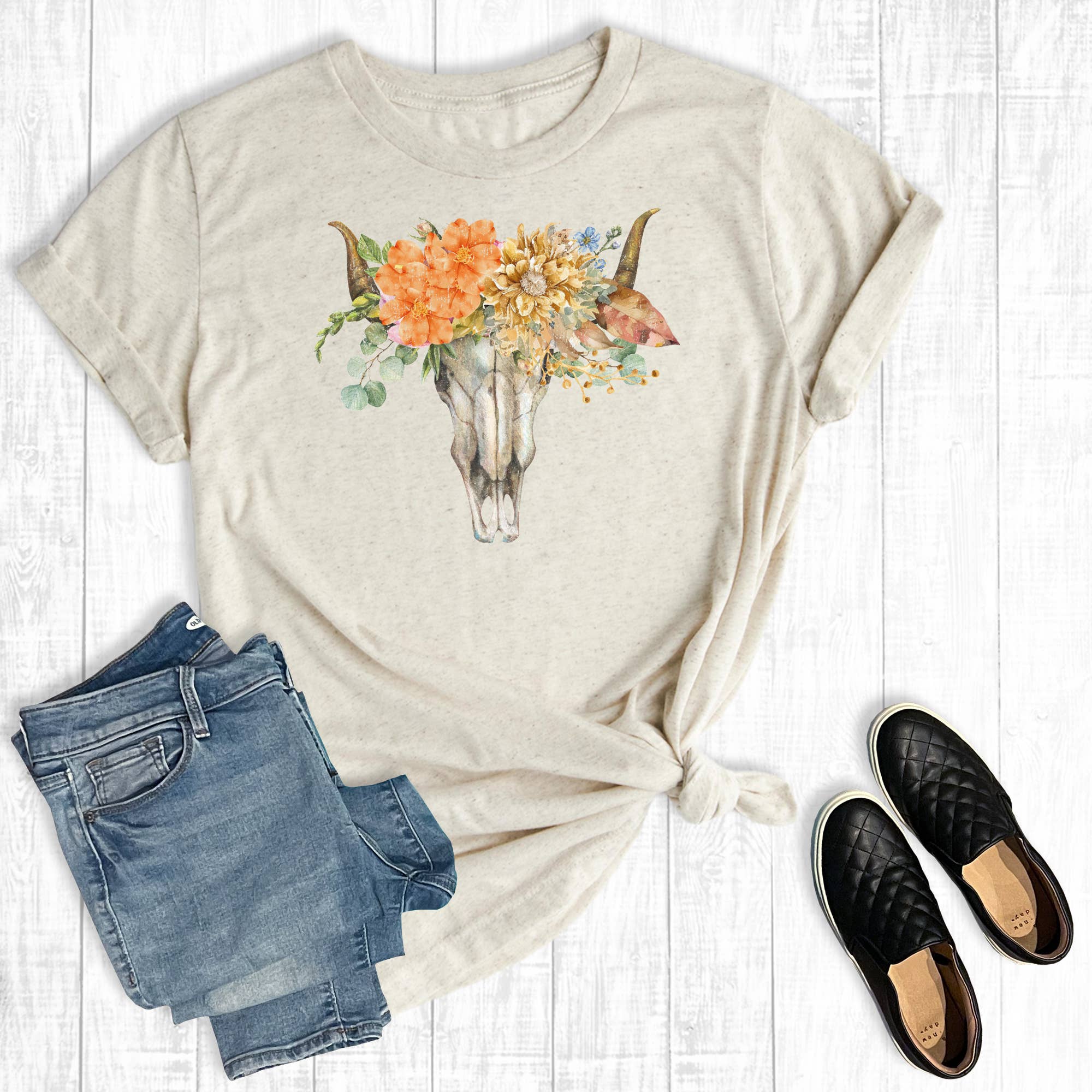 Western Floral Boho Cowskull Graphic Tee Hoodie, Sweatshirt | PodTeesHub.com