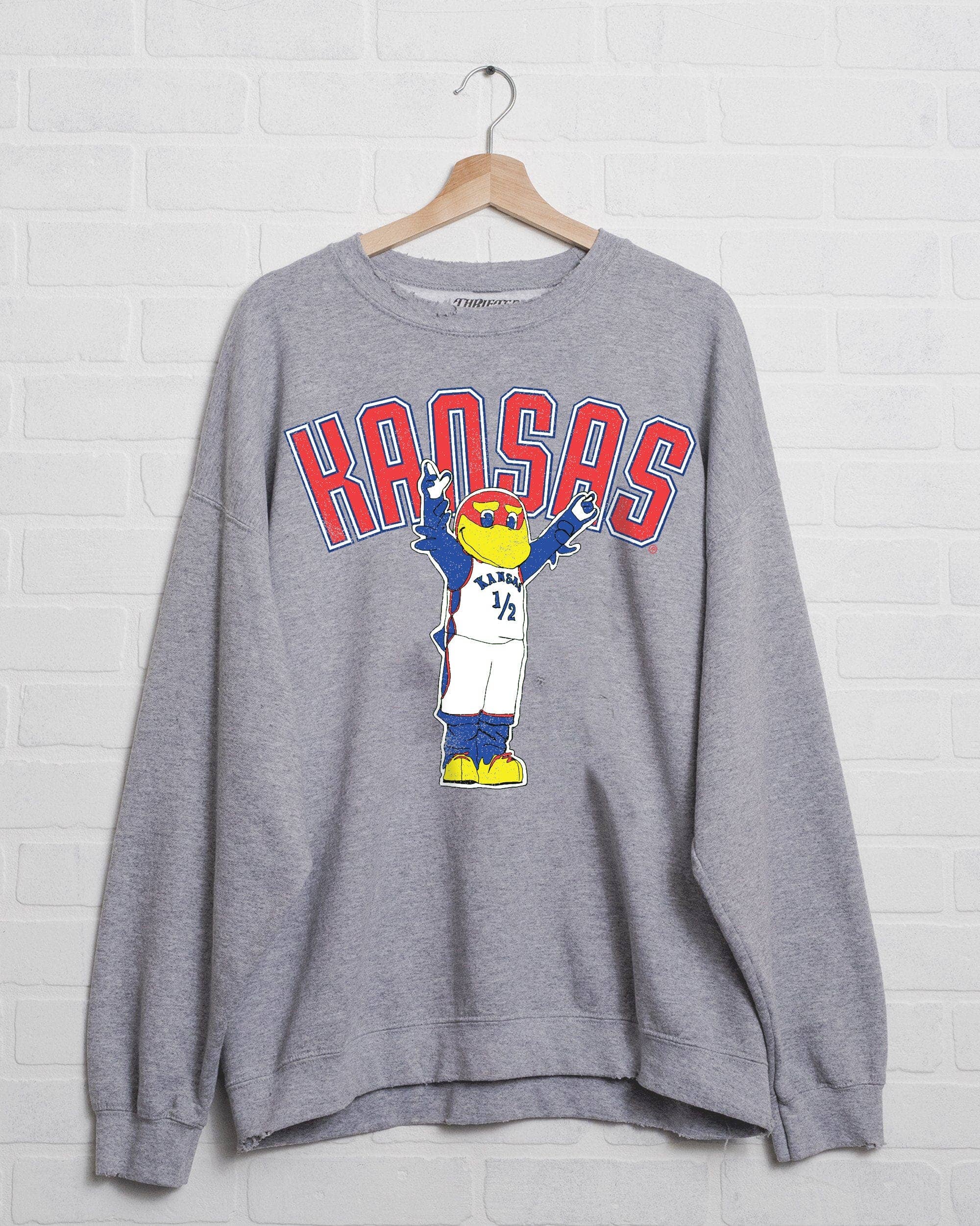 Ku Jayhawks Cartoon Mascot Puff Ink Gray Thrifted Sweatshirt T-Shirts, Hoodie | PodTeesHub.com