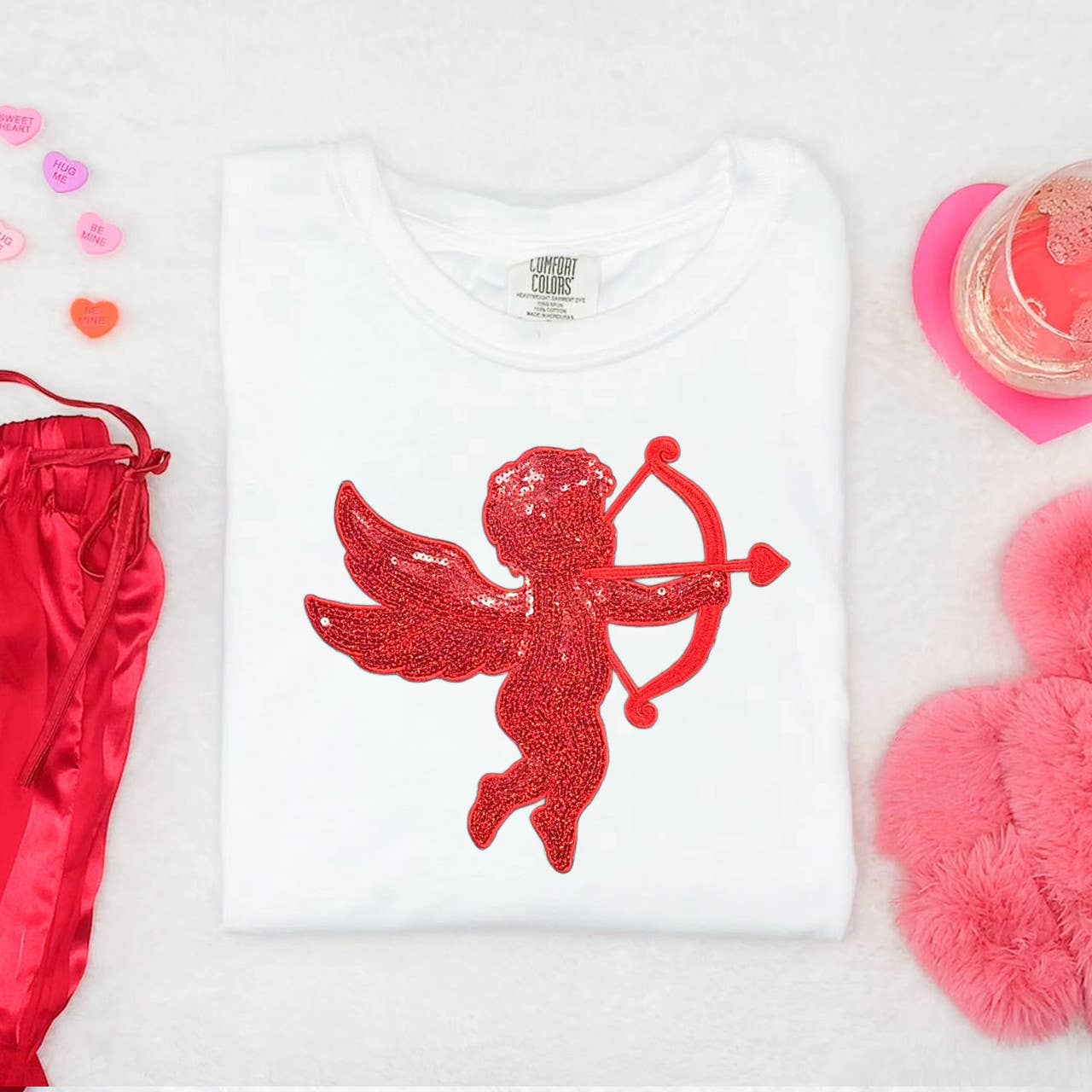 Red Cupid Sequin Patch Pigment Dyed Tee Hoodie, Sweatshirt | PodTeesHub.com