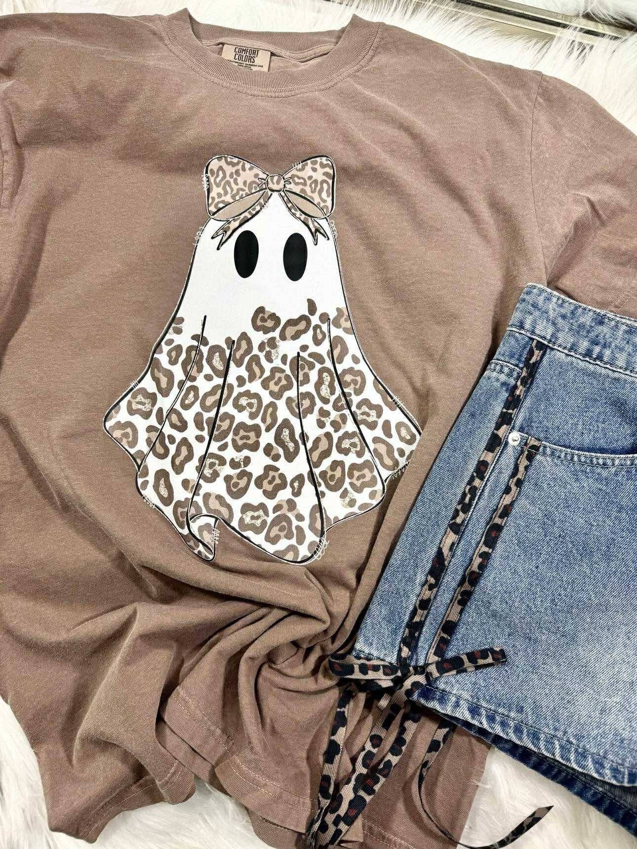 Cheetah Girly Bow Ghost Halloween Graphic Tee Hoodie, Sweatshirt | PodTeesHub.com
