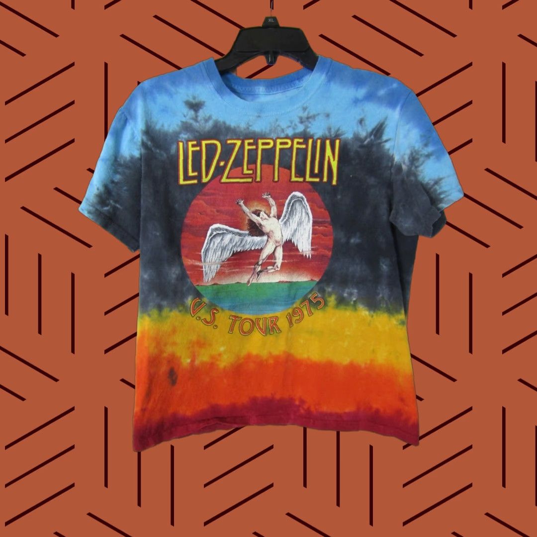 Vintage Led Zeppelin Shirt Unisex M Cotton Tie Dye Graphic Print 1975 Tour Multicolor Short Sleeve C Hoodie, Sweatshirt
