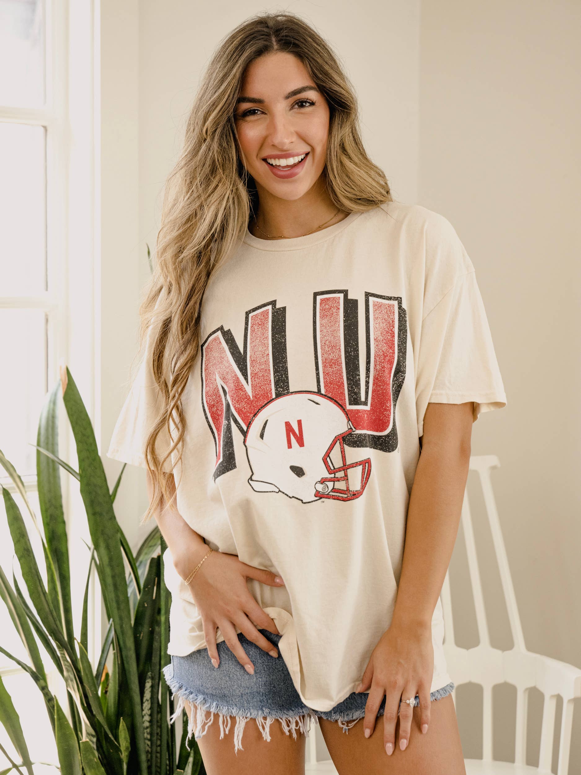 Nebraska Huskers Helmet Fade Off White Thrifted Tee Hoodie, Sweatshirt | PodTeesHub.com