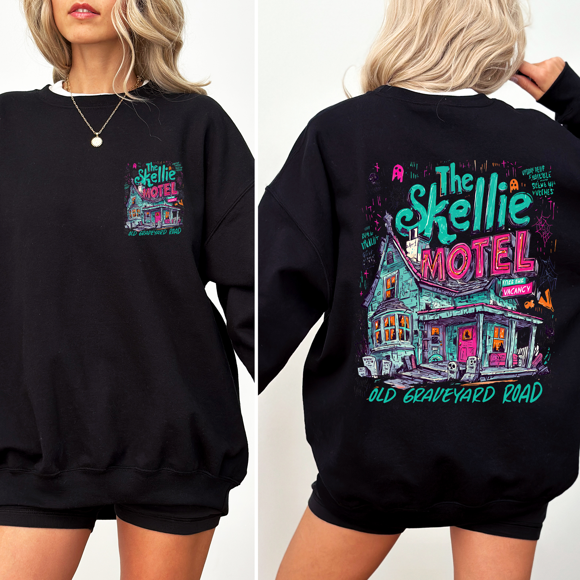 The Skellie Motel Halloween Front and Back Spooky Sweatshirt T-Shirts, Hoodie | PodTeesHub.com