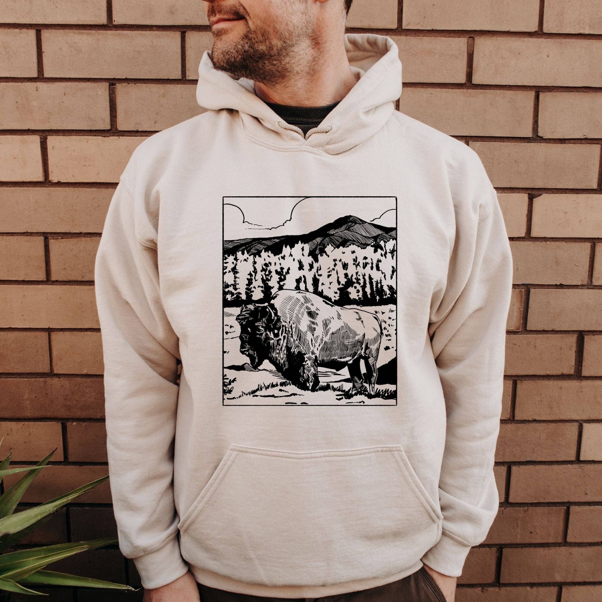 Hand Drawn Bison Buffalo Hoodie - Crewneck Sweatshirt T-Shirts | PodTeesHub.com