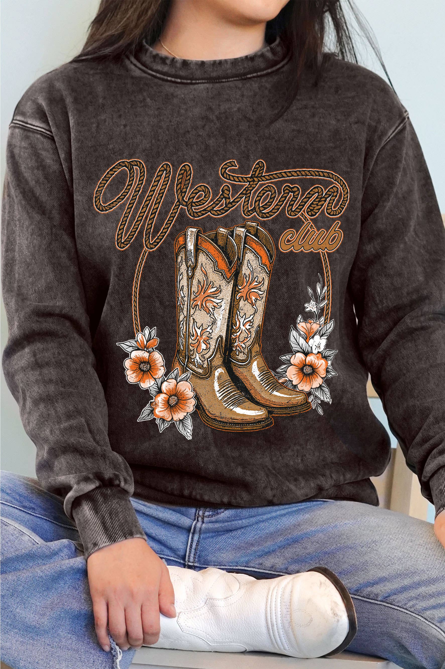 Western Club Flower Boot Graphic Mineral Brushed Sweatshirt T-Shirts, Hoodie | PodTeesHub.com