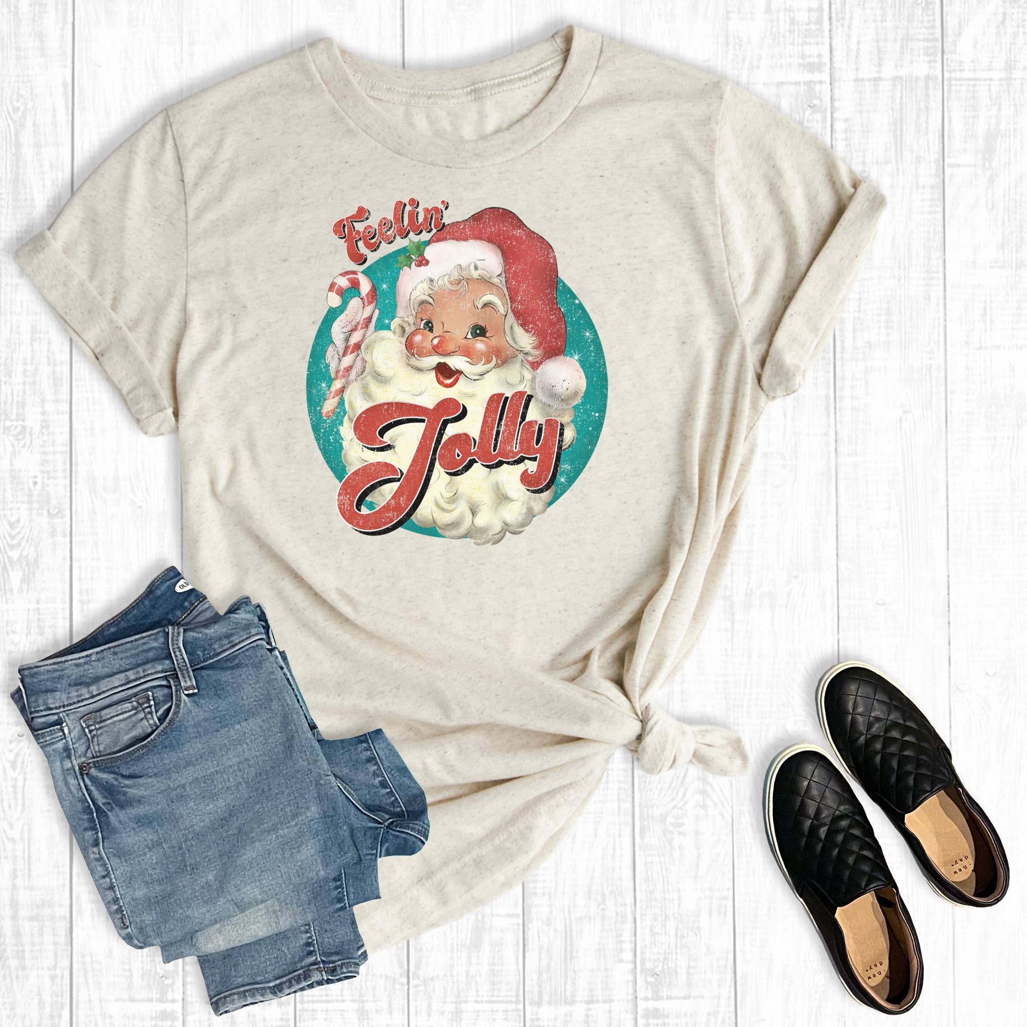 Retro Christmas Feeling Jolly Santa Graphic Tee Hoodie, Sweatshirt | PodTeesHub.com