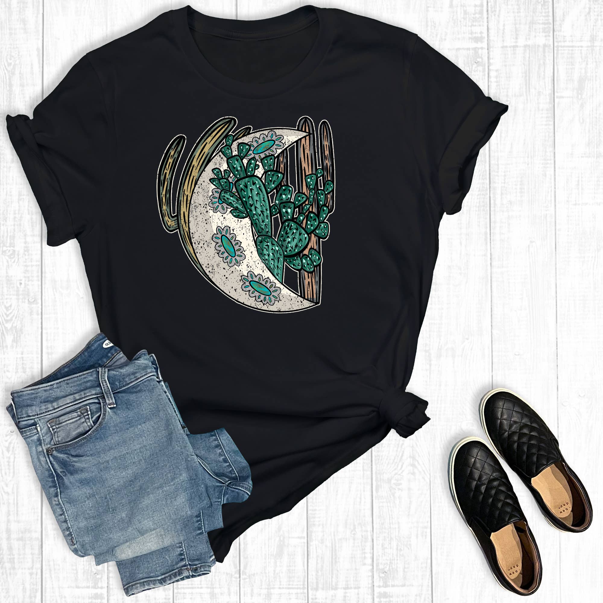Western Turquoise Cactus Desert Moon Graphic Tee Hoodie, Sweatshirt | PodTeesHub.com