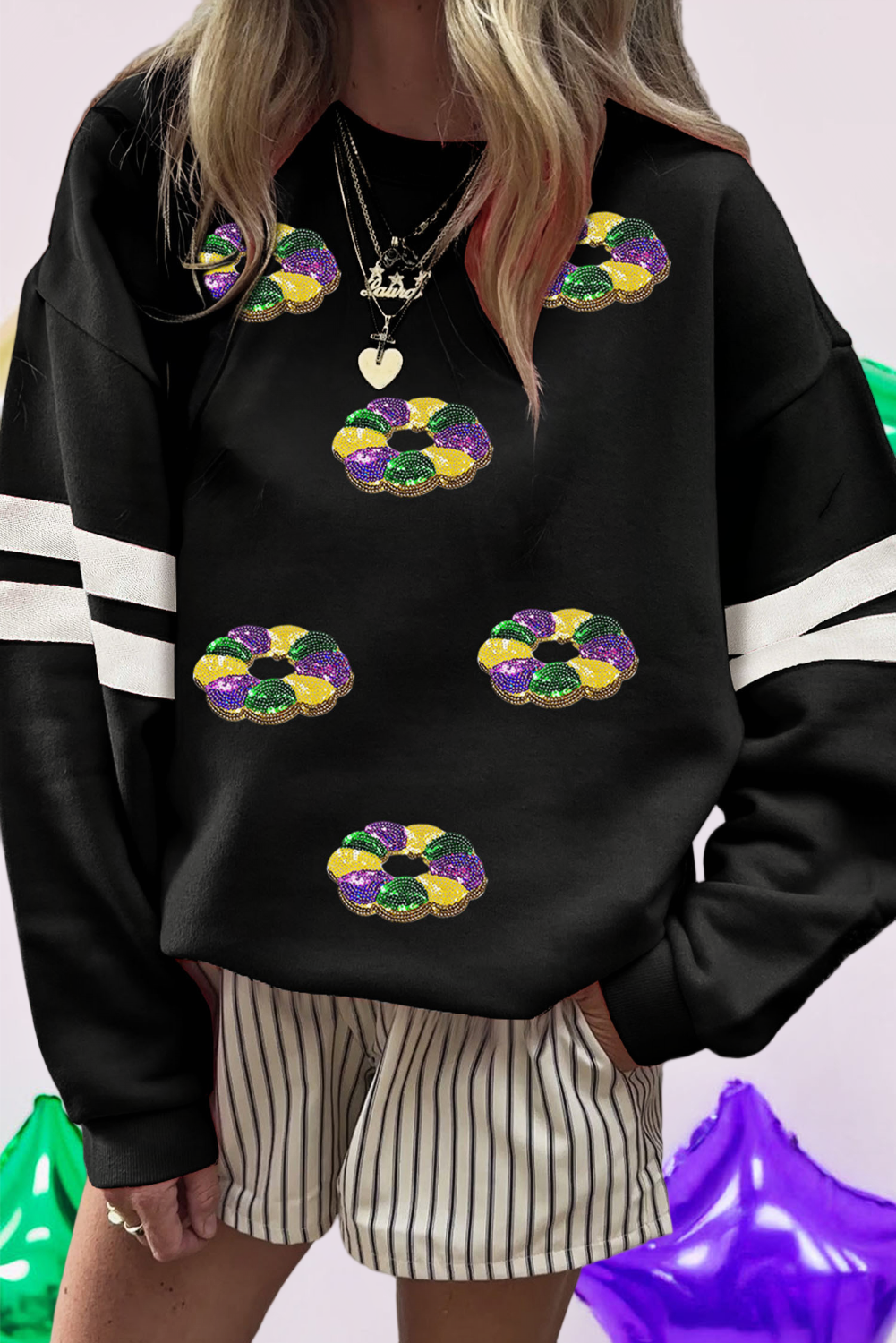 Mardi Gras Donuts Sequin Patched Varsity Sweatshirt (S-Xl) T-Shirts, Hoodie | PodTeesHub.com