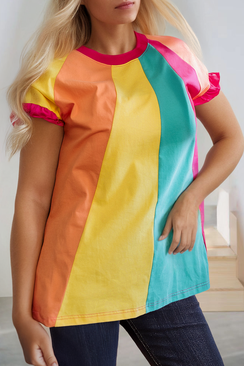 Color Block Ruffled Crew Neck Loose Fit T Shirt (S-Xl) Hoodie, Sweatshirt | PodTeesHub.com