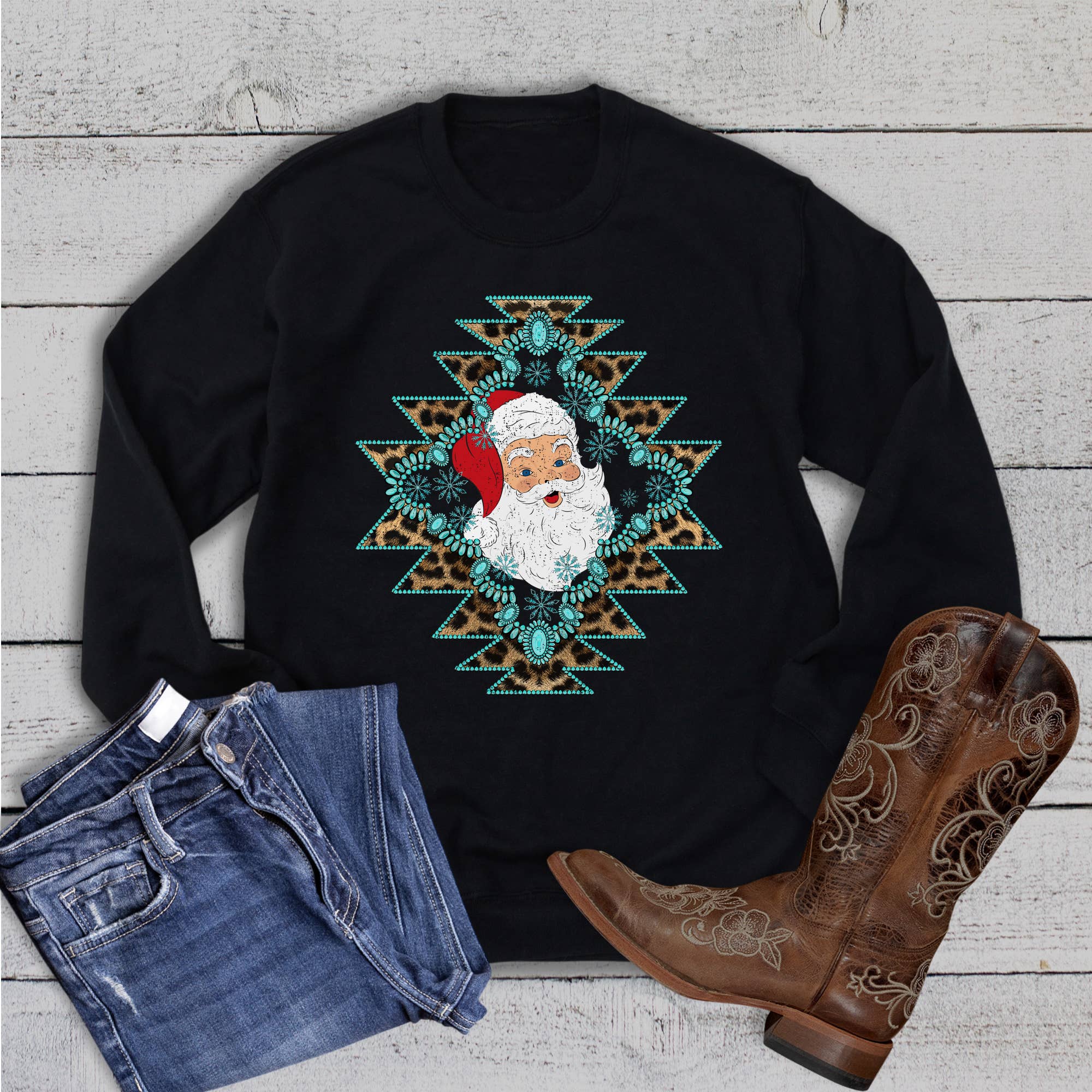 Christmas Western Turquoise Aztec Santa Sweatshirt T-Shirts, Hoodie | PodTeesHub.com