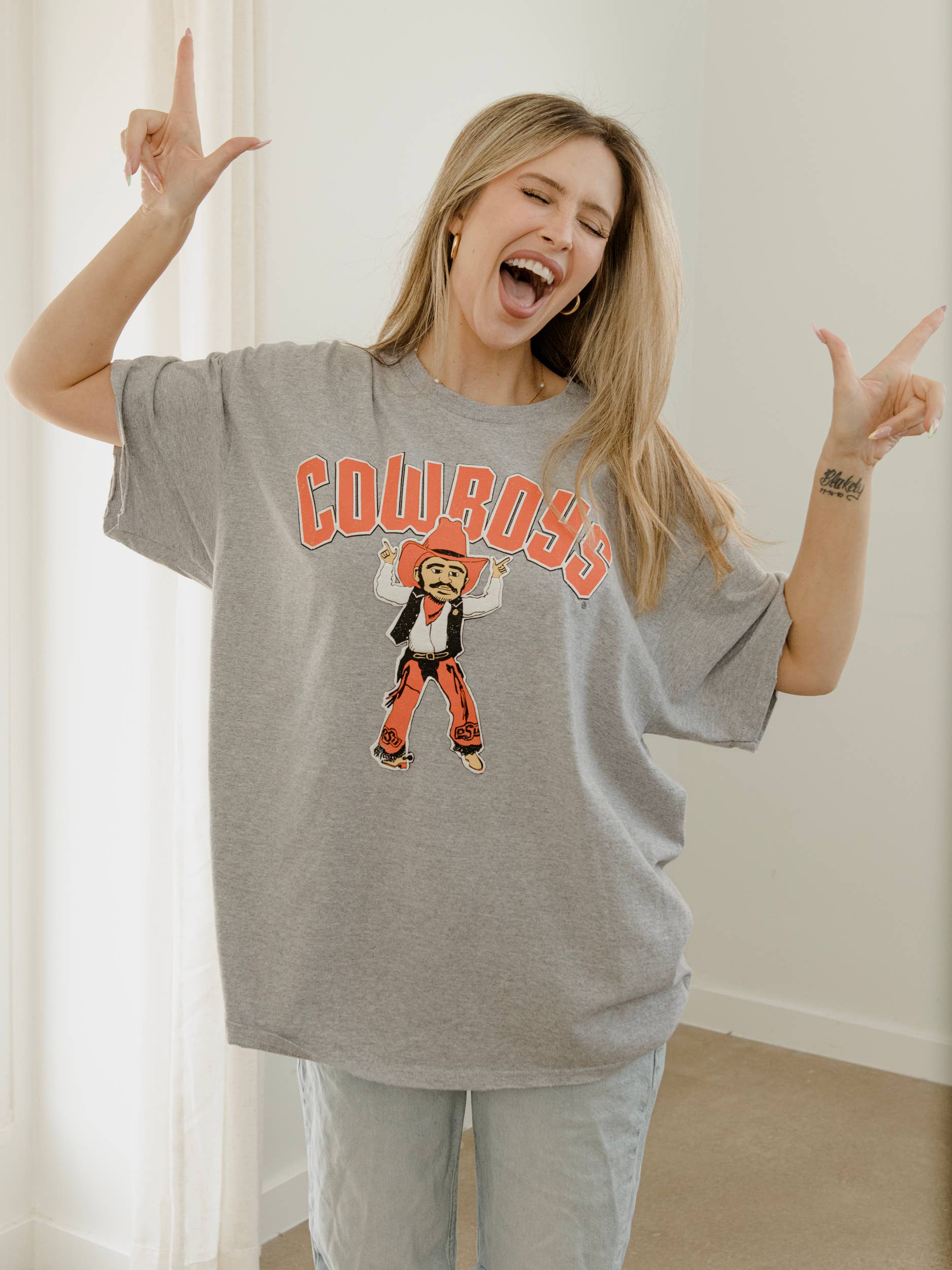 Osu Cowboys Cartoon Mascot Puff Ink Gray Thrifted Tee Hoodie, Sweatshirt | PodTeesHub.com