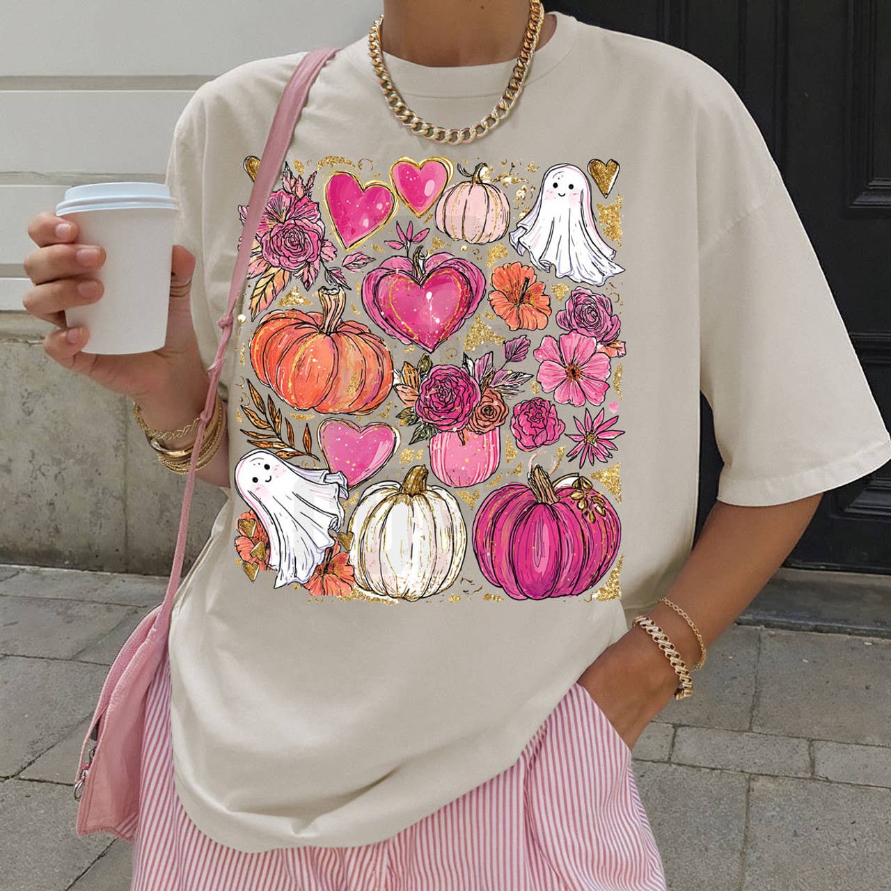 Pumpkins, Hearts & Ghost Collage Tee Hoodie, Sweatshirt | PodTeesHub.com