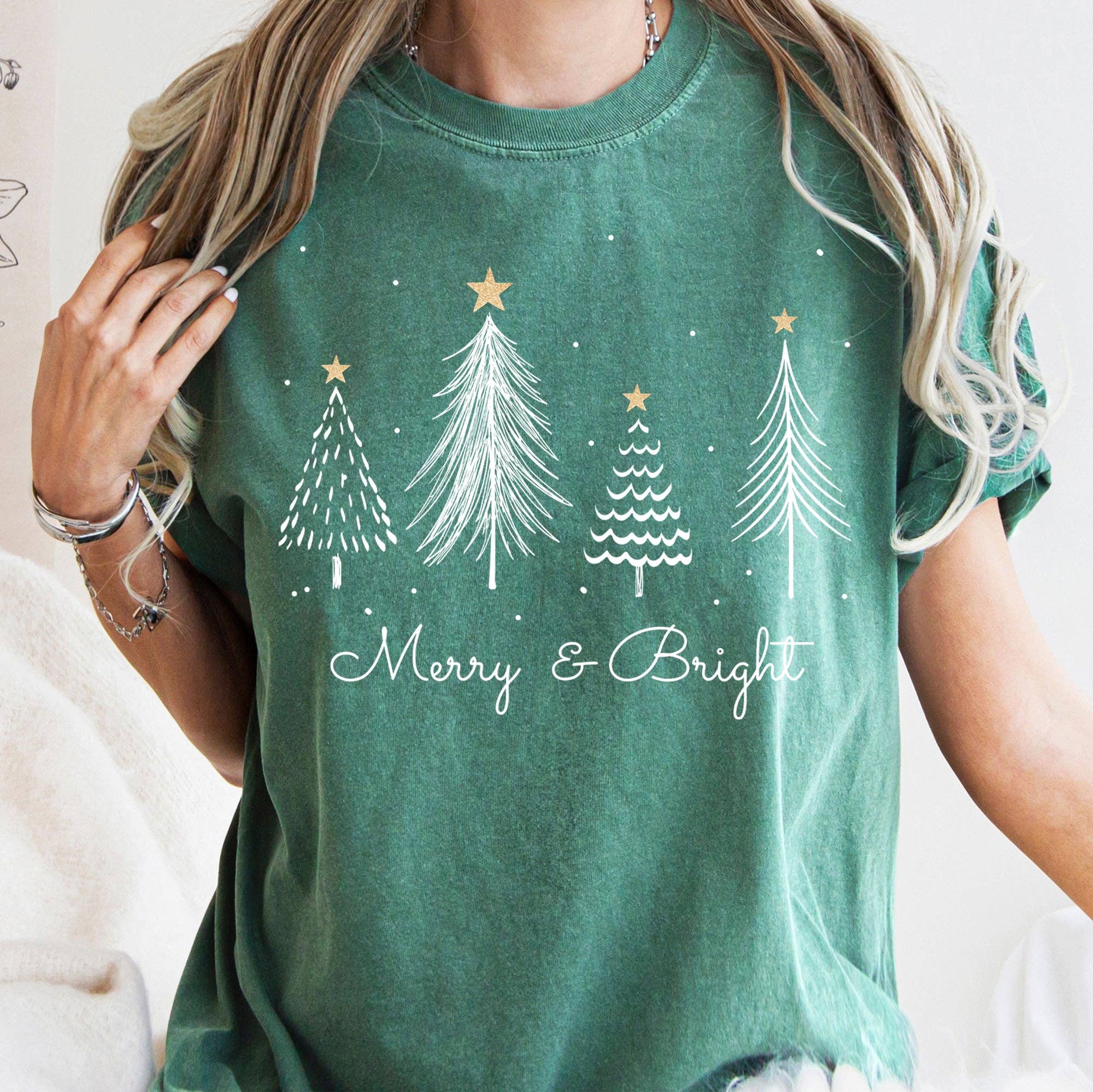 White Merry and Bright Christmas Trees, Gold Star, Tshirt Hoodie, Sweatshirt | PodTeesHub.com