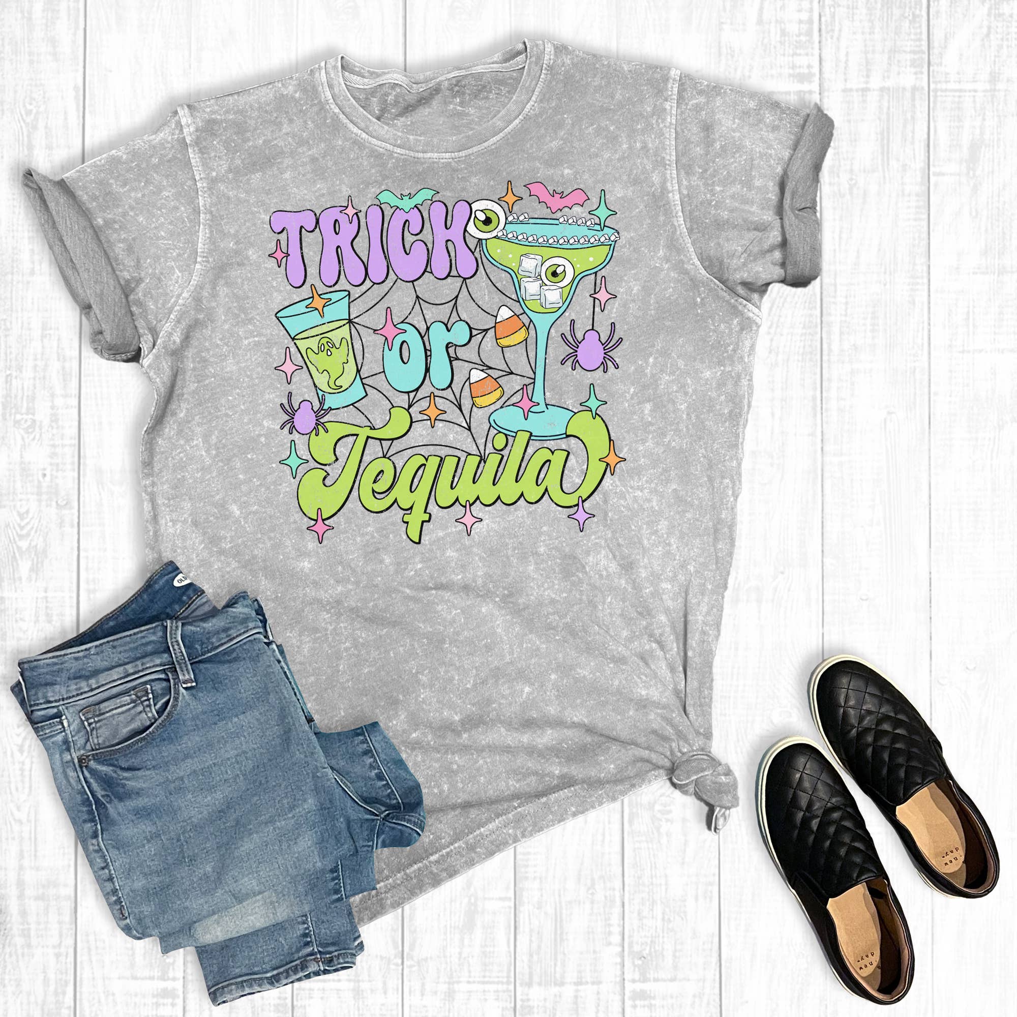Halloween Trick or Tequila Mineral Wash Graphic Tee Hoodie, Sweatshirt | PodTeesHub.com