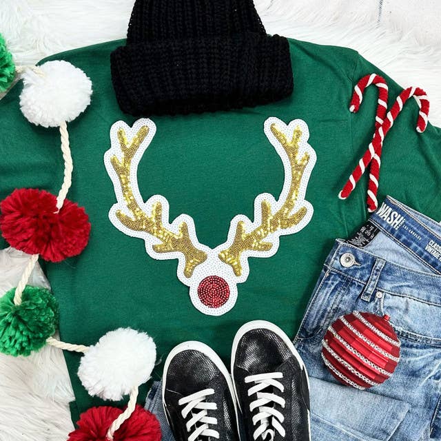 Reindeer Sequins Chenille Patch Grass Green Everyday Tee Hoodie, Sweatshirt | PodTeesHub.com