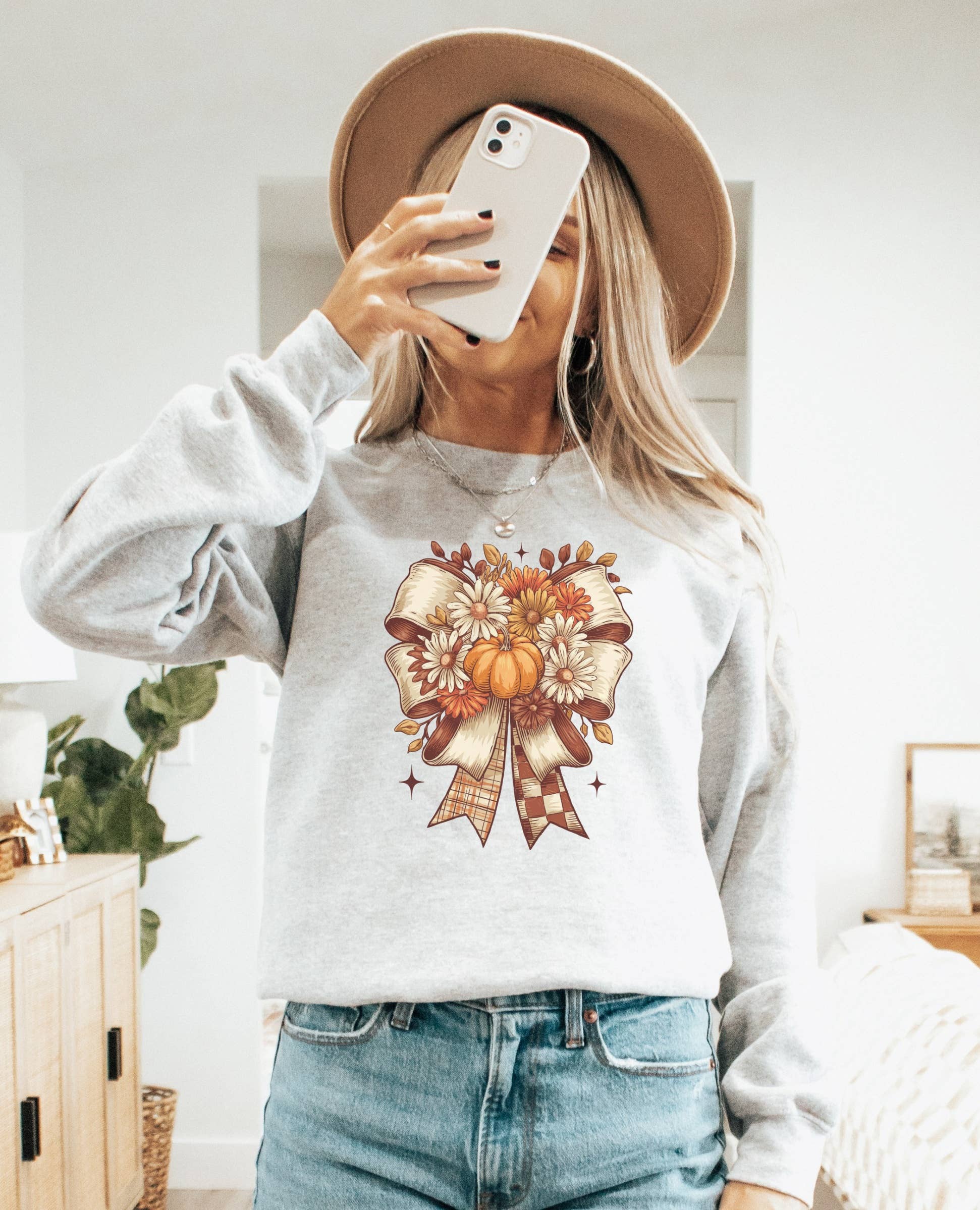 Pumpkin Fall Bow Crew Neck Sweatshirt | Trending T-Shirts, Hoodie | PodTeesHub.com