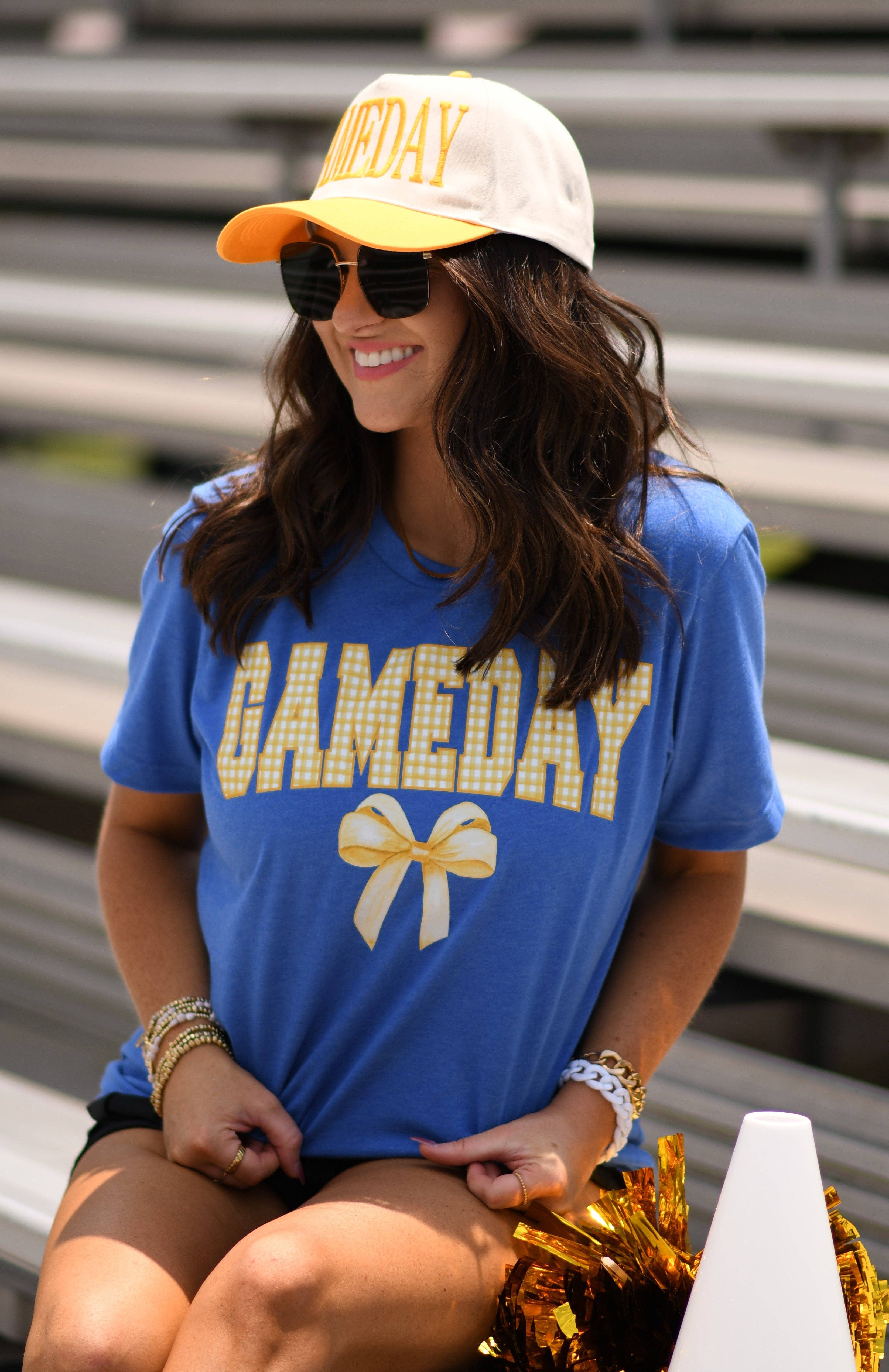 Game Day Gingham Bow Royal Tee Hoodie, Sweatshirt | PodTeesHub.com