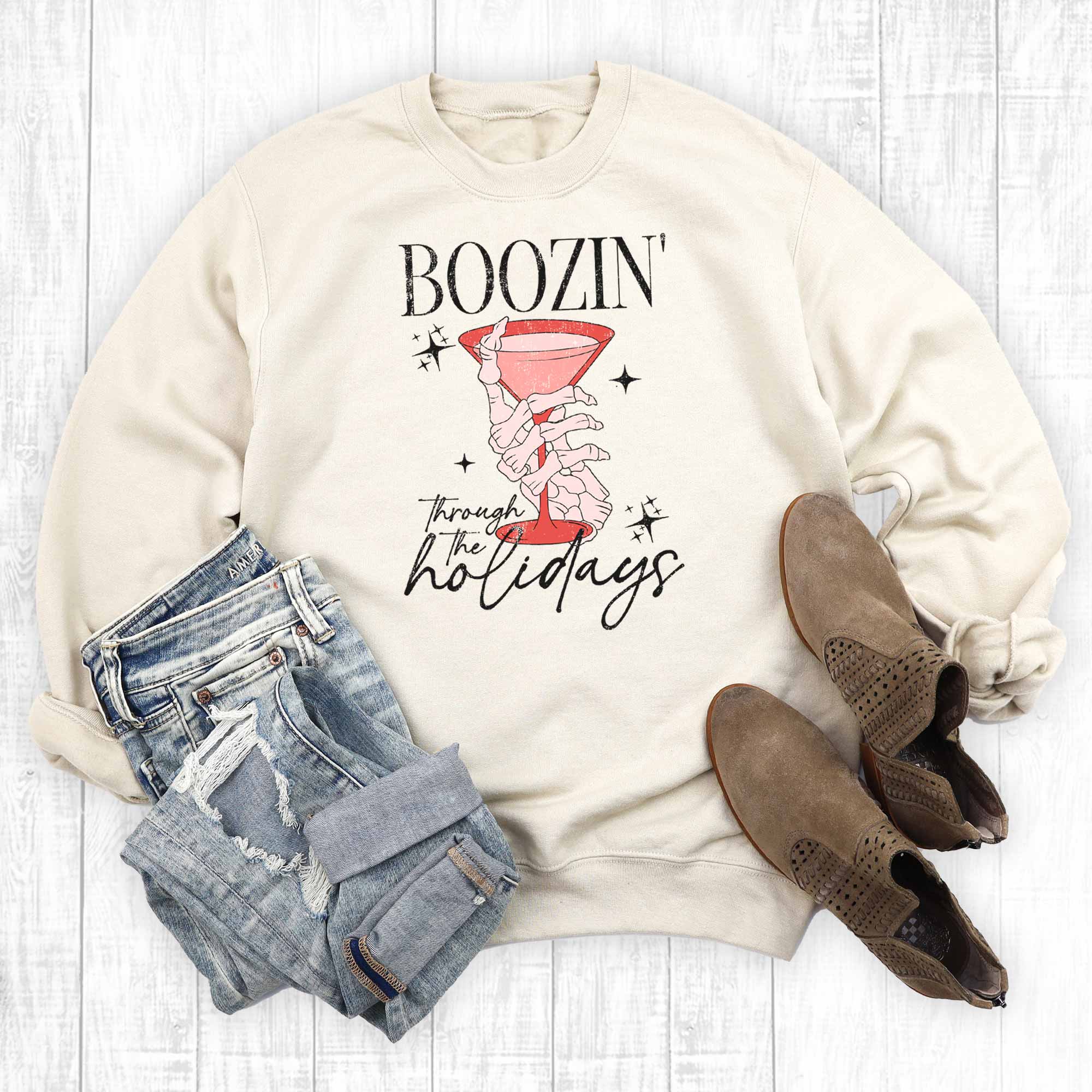 Funny Boozin Through the Holidays Sweatshirt T-Shirts, Hoodie | PodTeesHub.com