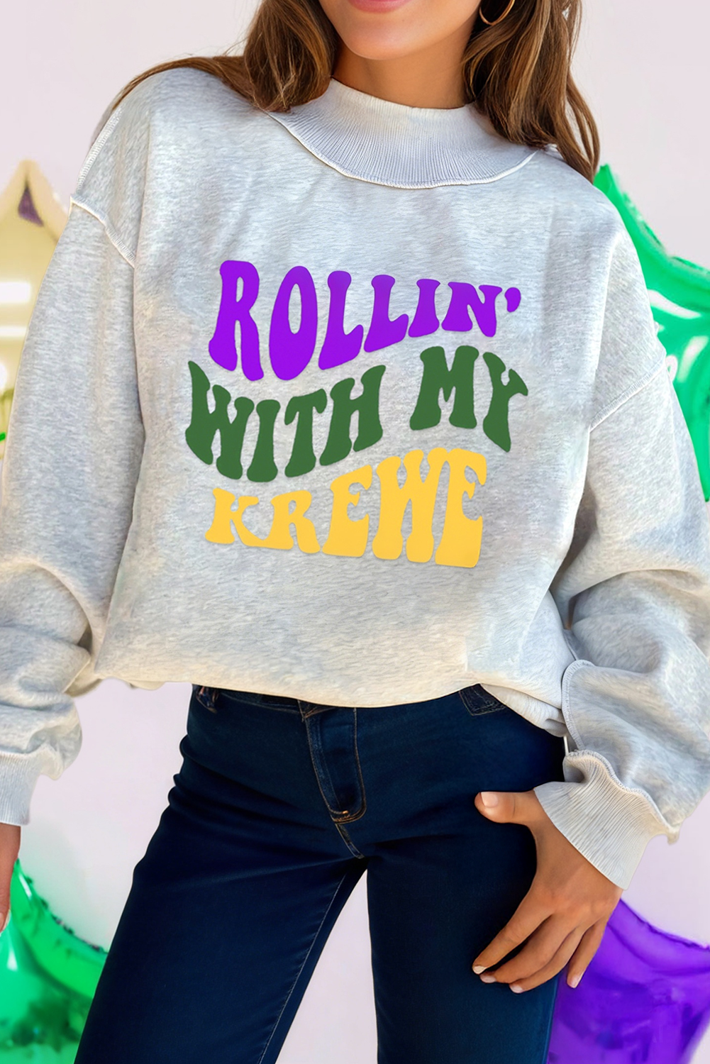 Rollin with My Krewe Letter Printed Casual Sweatshirt (S-Xl) T-Shirts, Hoodie | PodTeesHub.com