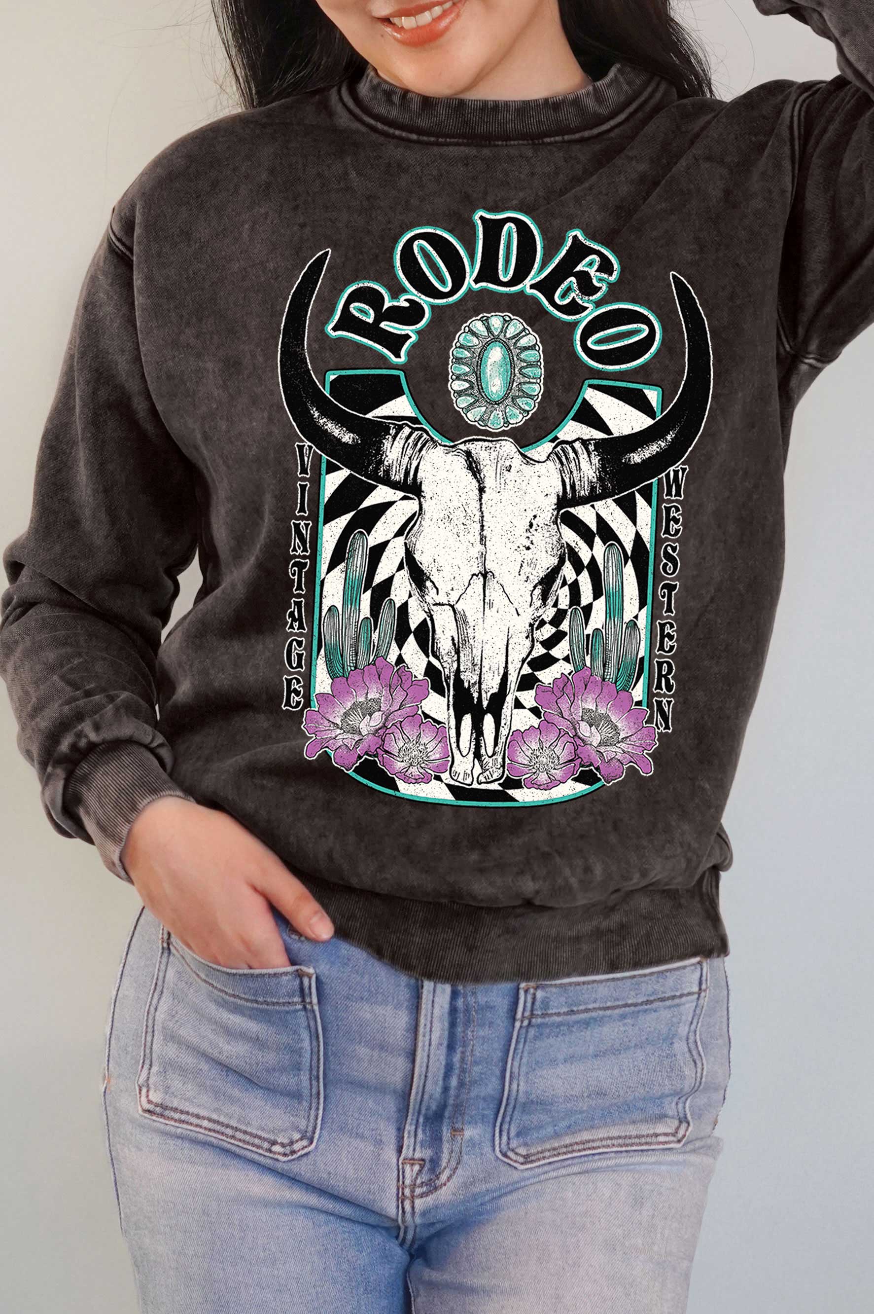 Rodeo Vintage Western Cow Graphic Mineral Brushed Sweatshirt T-Shirts, Hoodie | PodTeesHub.com