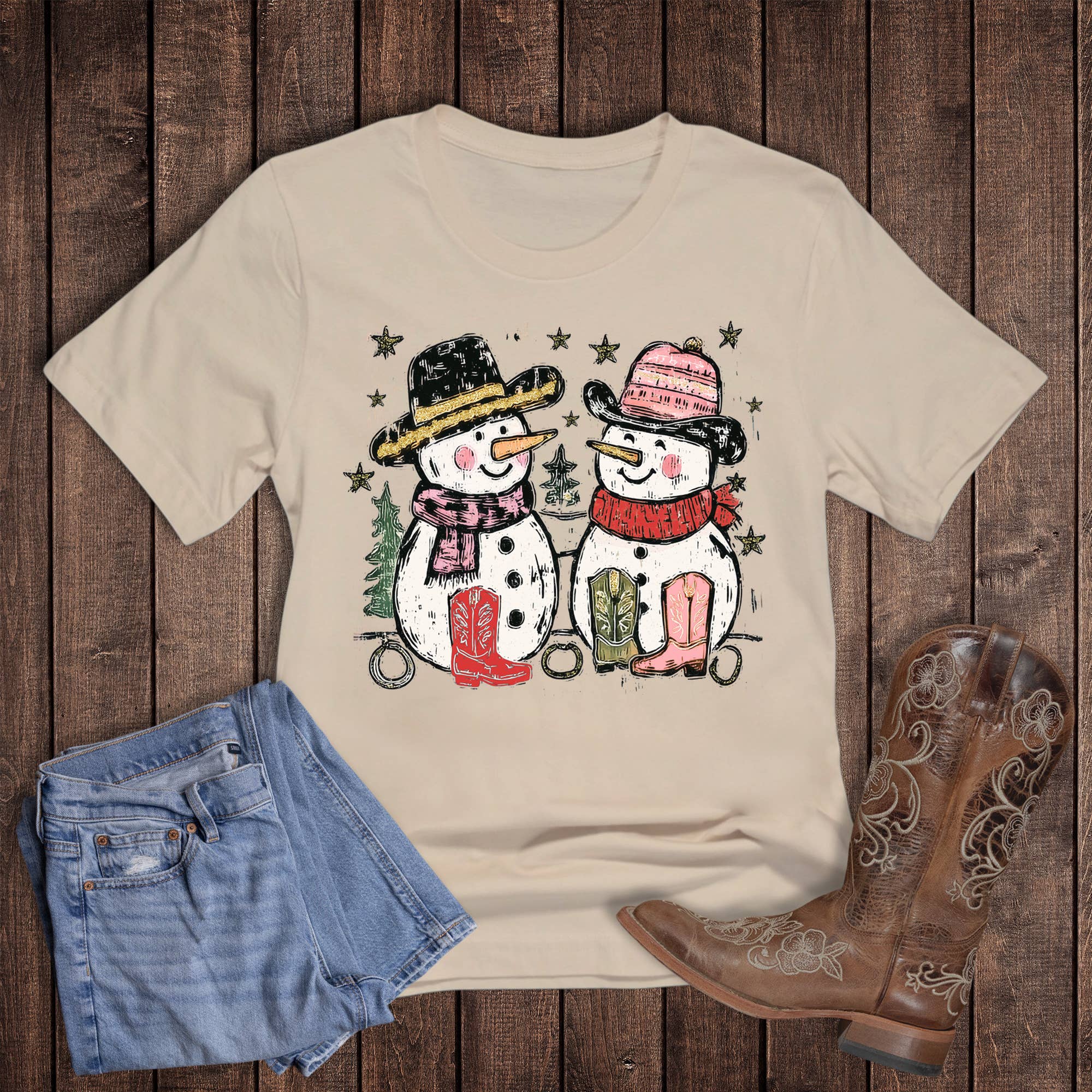 Christmas Western Snowmen Graphic Tee Hoodie, Sweatshirt | PodTeesHub.com