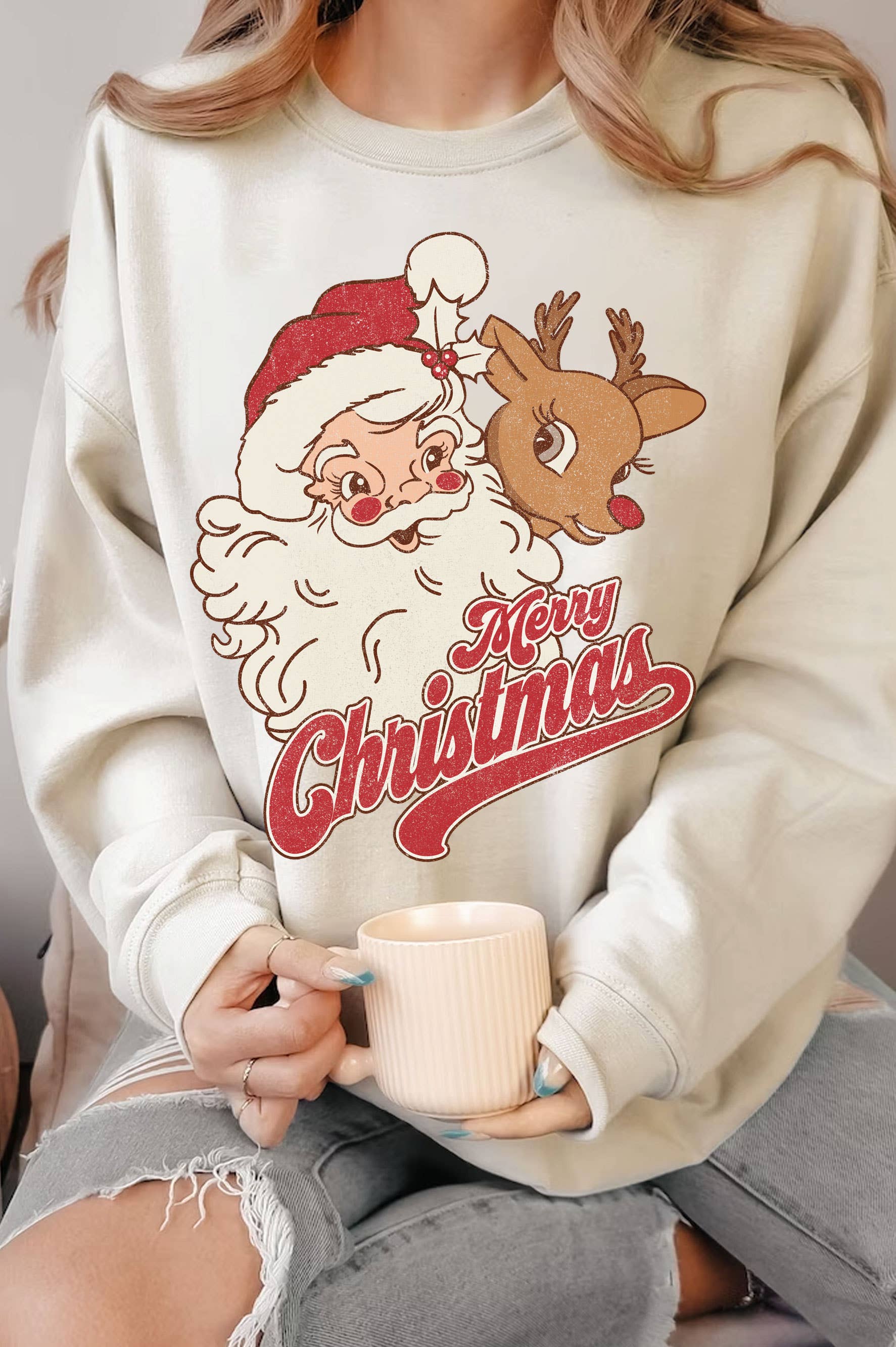 Santa and Rudolph Merry Christmas Graphic Brushed Sweatshirt T-Shirts, Hoodie | PodTeesHub.com