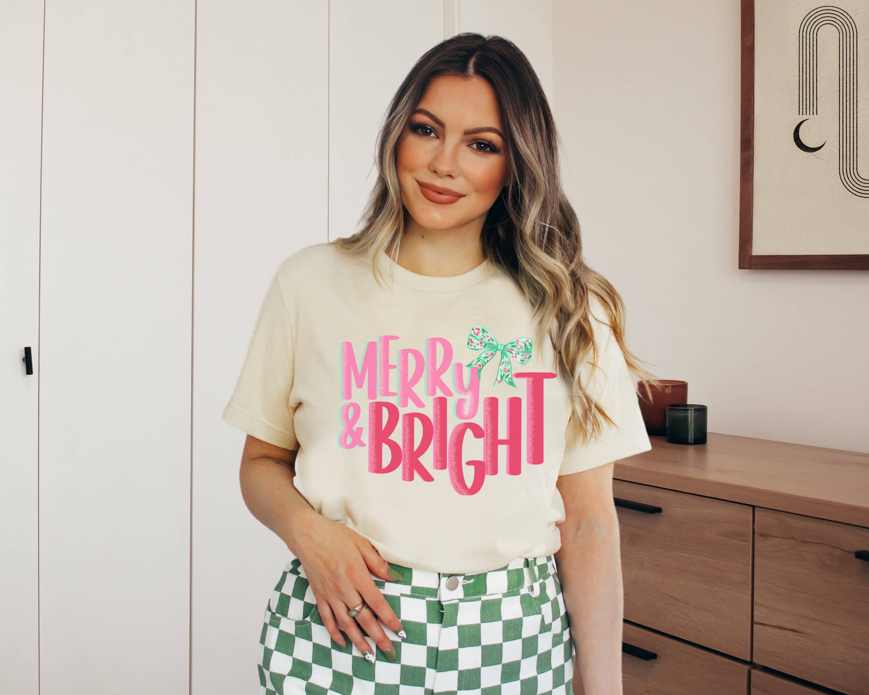 Retro Merry and Bright Bow Tee Holiday Graphic Tees Hoodie, Sweatshirt | PodTeesHub.com