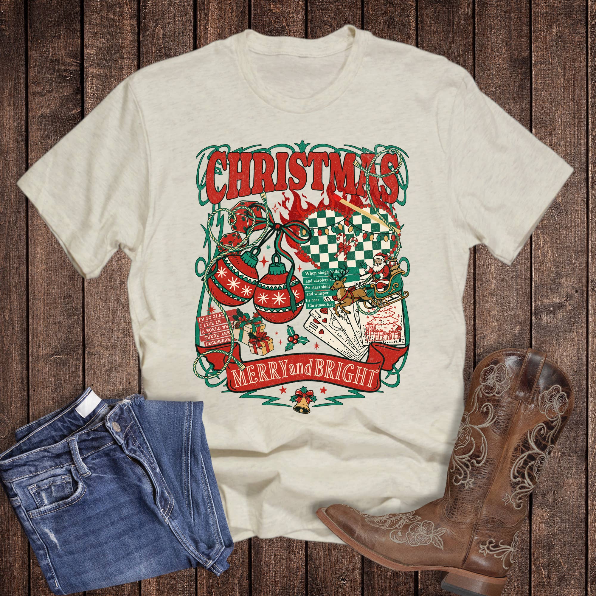 Western Christmas Merry and Bright Collage Graphic Tee Hoodie, Sweatshirt | PodTeesHub.com