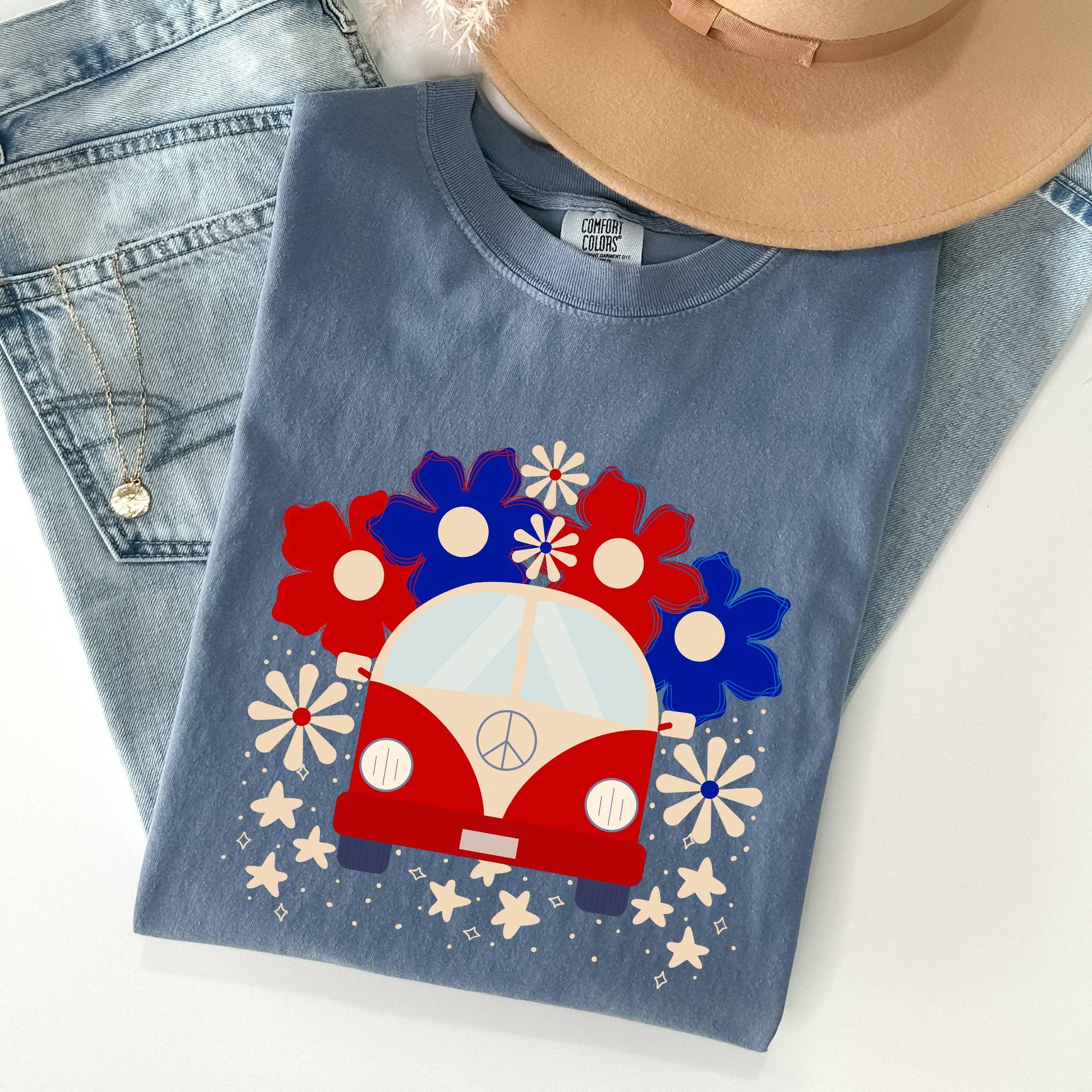 Retro Van, Patriotic, 4th of July Comfort Colors Tshirt Hoodie, Sweatshirt | PodTeesHub.com