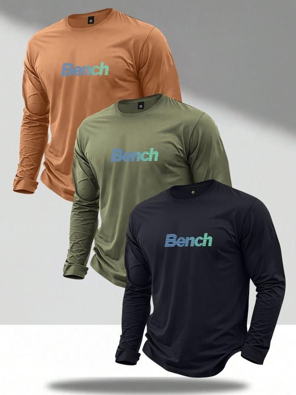 3 Pcs Men's Spring & Fall Casual Long Sleeve Letter Print T-Shirts, Thin Fitted Fabric, Perfect for Beach Vacation Sports...