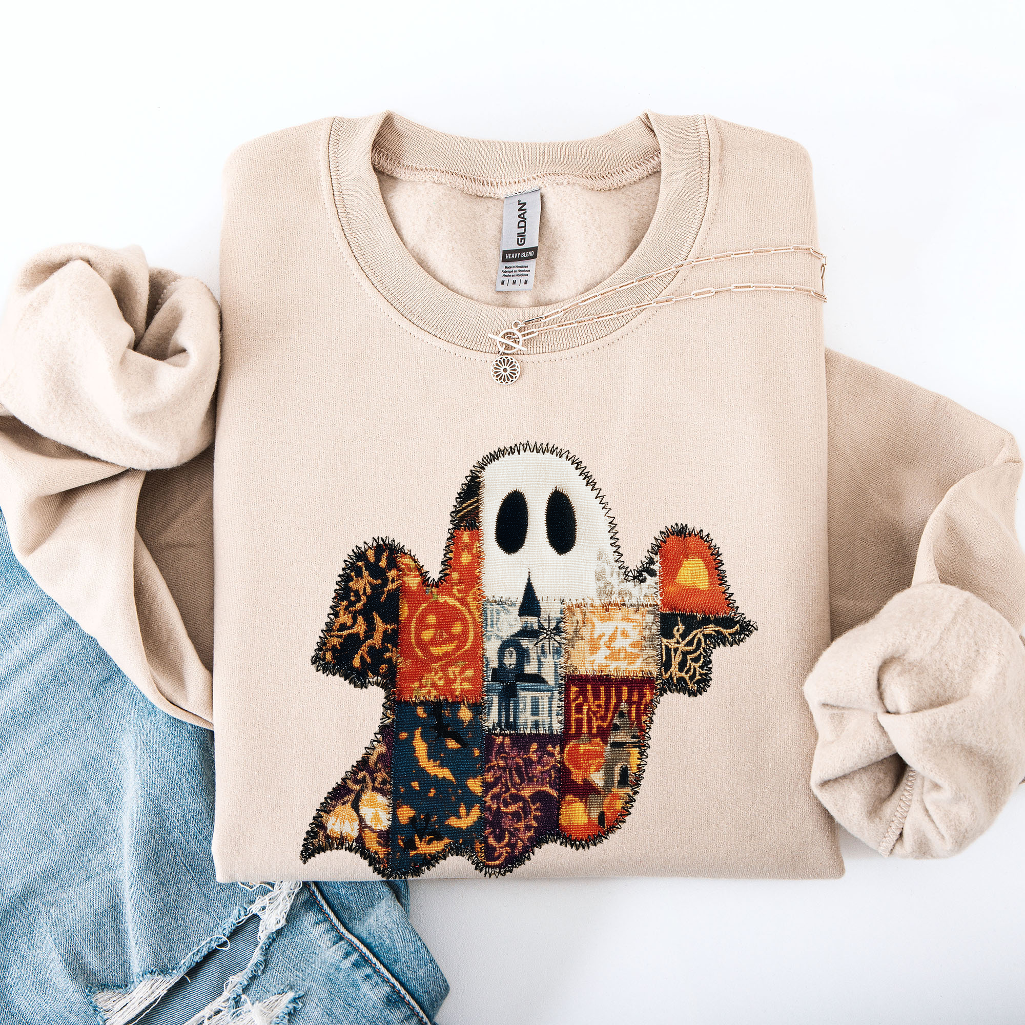 Ghost, Faux Quilt, Halloween, Fall, Autumn Sweatshirt T-Shirts, Hoodie | PodTeesHub.com